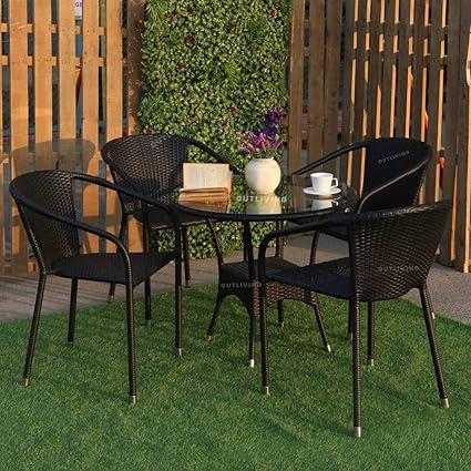 OUTLIVING Garden Patio Seating Chairs and Table Set with Glass Top Balcony Outdoor Furniture with 1 Tables and 4 Chair Set (Black)