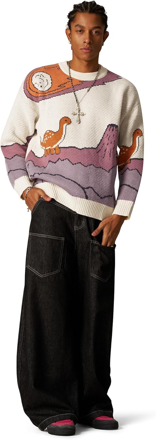 Vamtac Mens Vintage Oversize Graphic Cartoon Little Dinosaur Sweater Long Sleeve Round Neck Knitted Unisex Pullover Jumper - Image 2