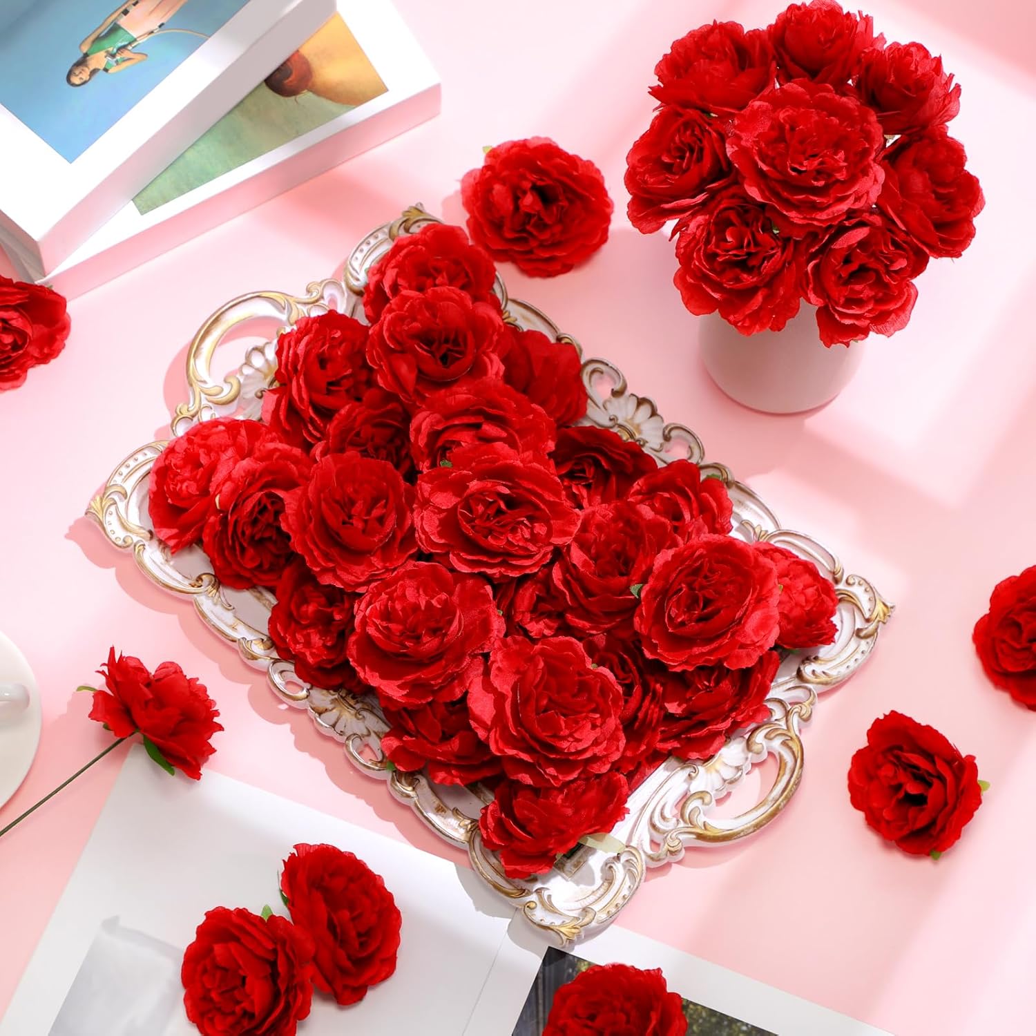 100 Pcs Flowers Long Stem Artificial Rose, 3.2 Inches Silk Rose Head Flowers Fake for Wedding Bridal Bouquet Home Floral Decor DIY Centerpieces Arrangements Party Tables Decorations (Red) - Image 4