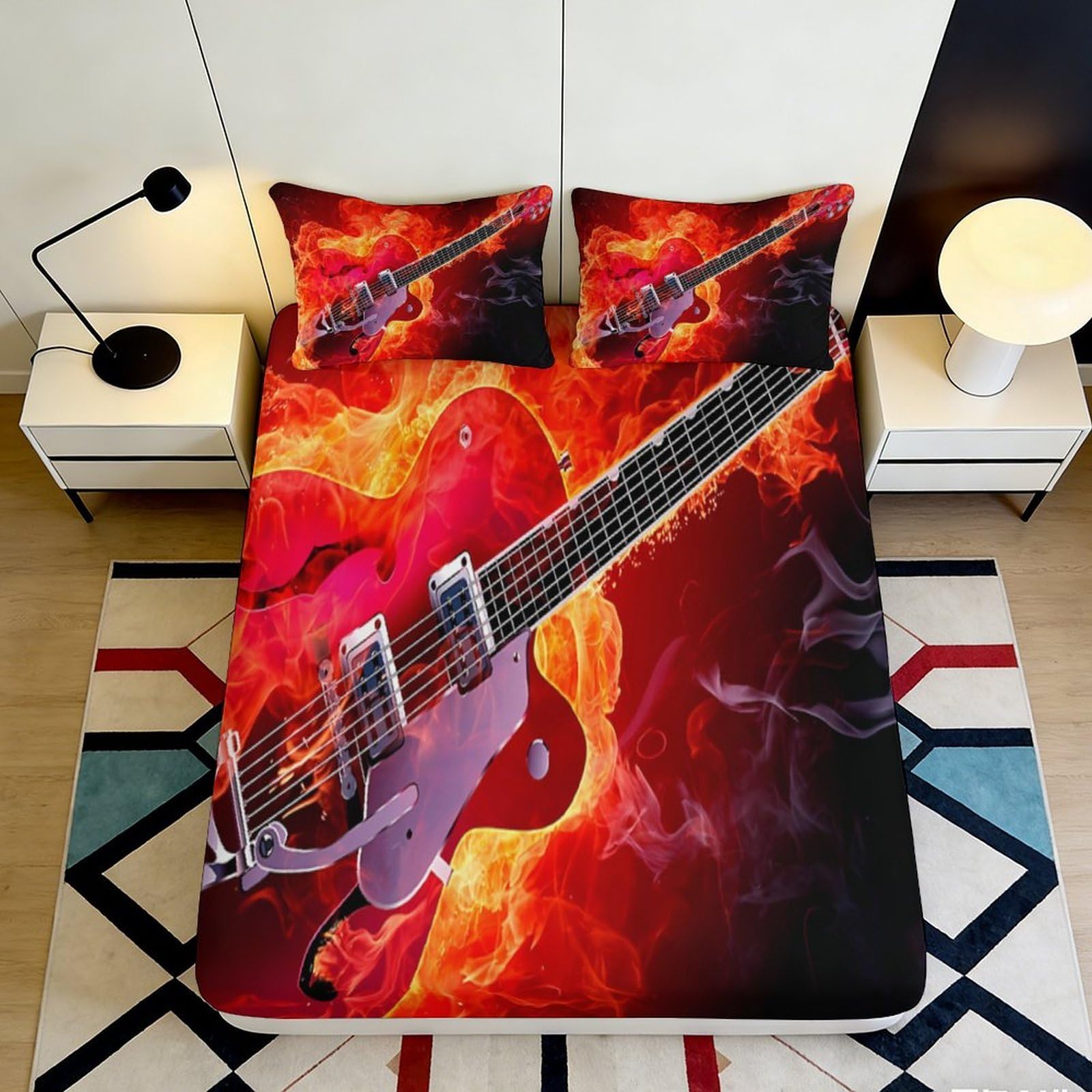 3D Printed Fiery Guitar Fitted Sheet Microfiber Soft Breathable Flame Pattern Bed Cover for Bedroom Dormitory Guest Room Mattress Protection Decor 120x200x25cm