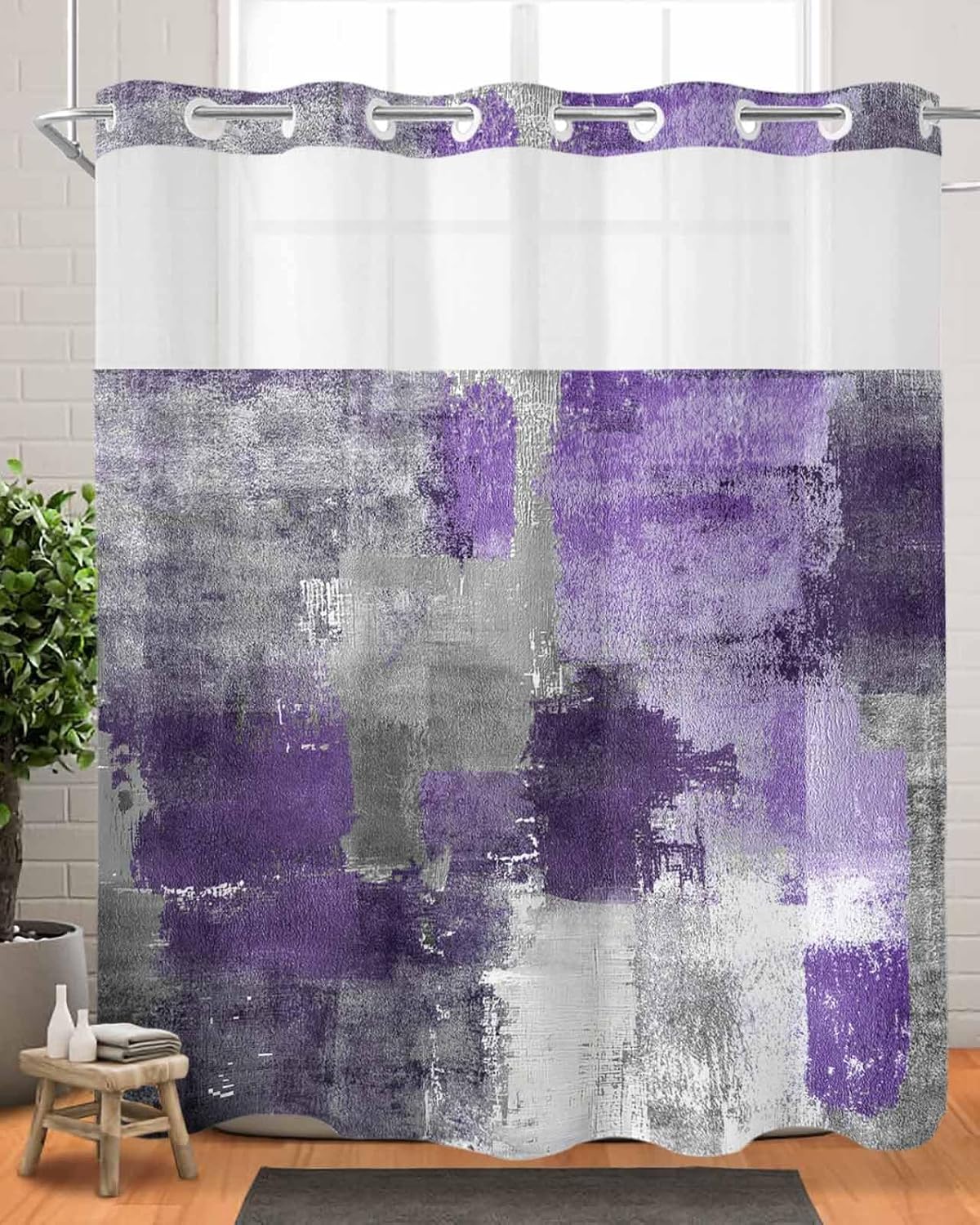No Hook Shower Curtain with Snap in Fabric Liner Set-Abstract Purple Grey Smear Graffiti Bathroom Curtains with See Through Mesh Top Window,Oil Painting Art Waterproof Double Shower Curtain 66x72In