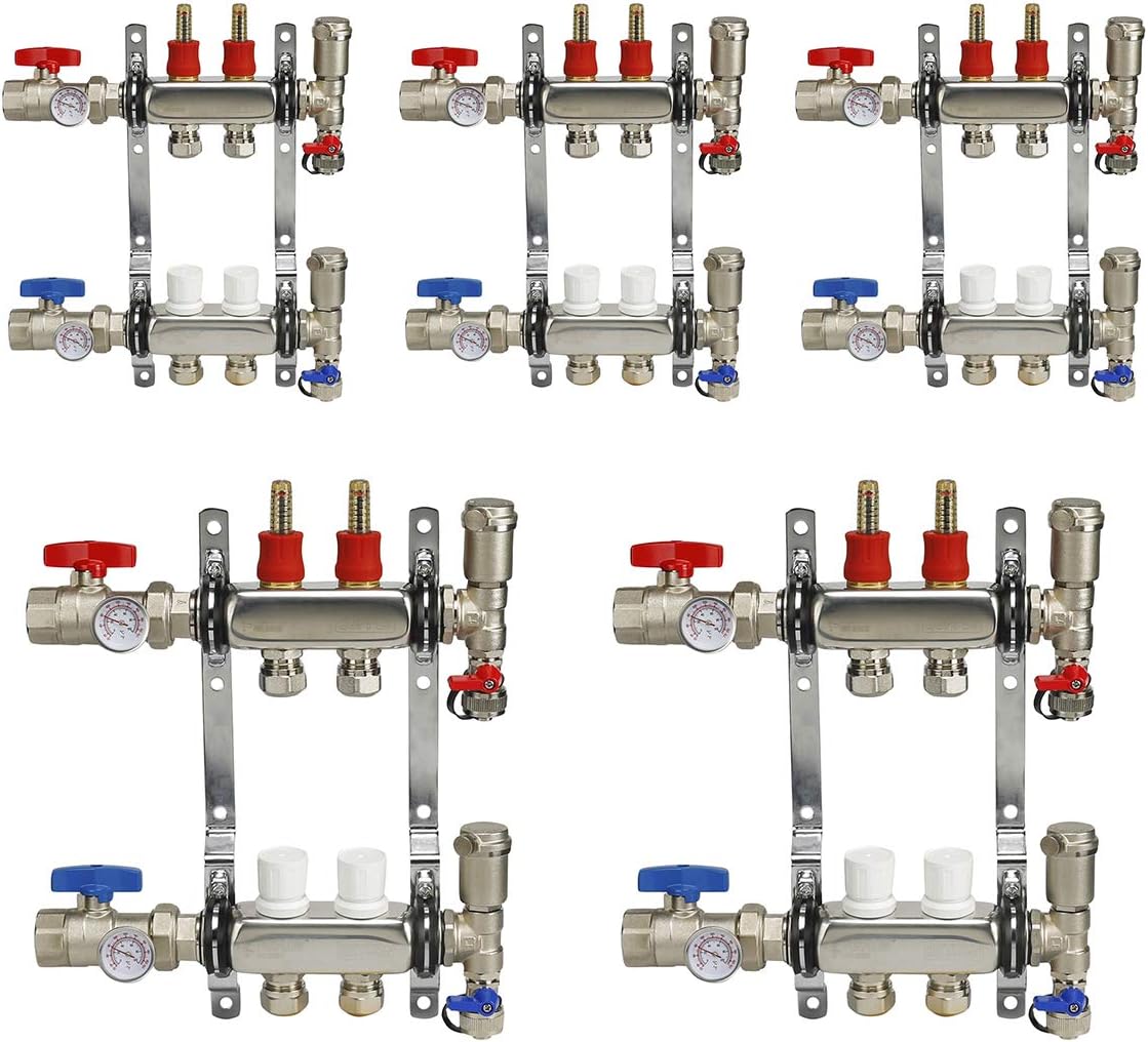 Midline Valve NQT102-5 PEX Manifold 1/2 in. for Radiant Heating System; with Valves, Vents, Gauges, and Mounting Brackets; Stainless Steel; 2 Port (5 Pack)