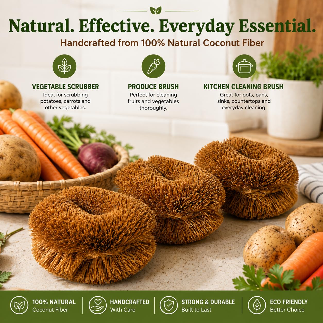Zestaw 3 pędzli do szorowania warzyw Tawashi, 100% naturalne włókno kokosowe, peeling owocowy, przyjazna dla środowiska alternatywa dla gąbki, japoński design Kamenoko, szorownica do naczyń