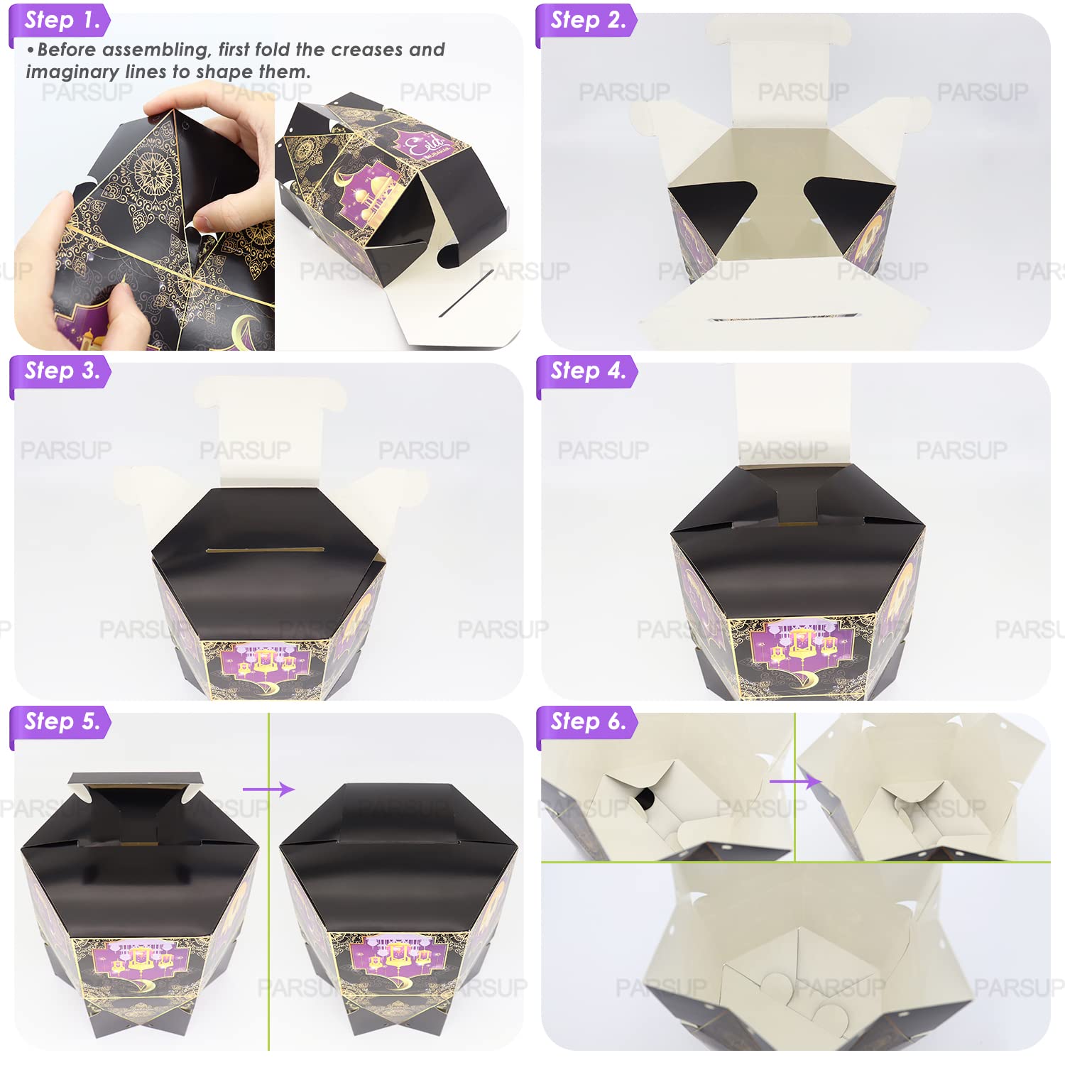 PARSUP Geschenkboxen Für Ramadan & Eid – 36 Stück In 6 Designs – 16x16x9 Cm – Aus Recyceltem Karton – Für Süßigkeiten & Kekse