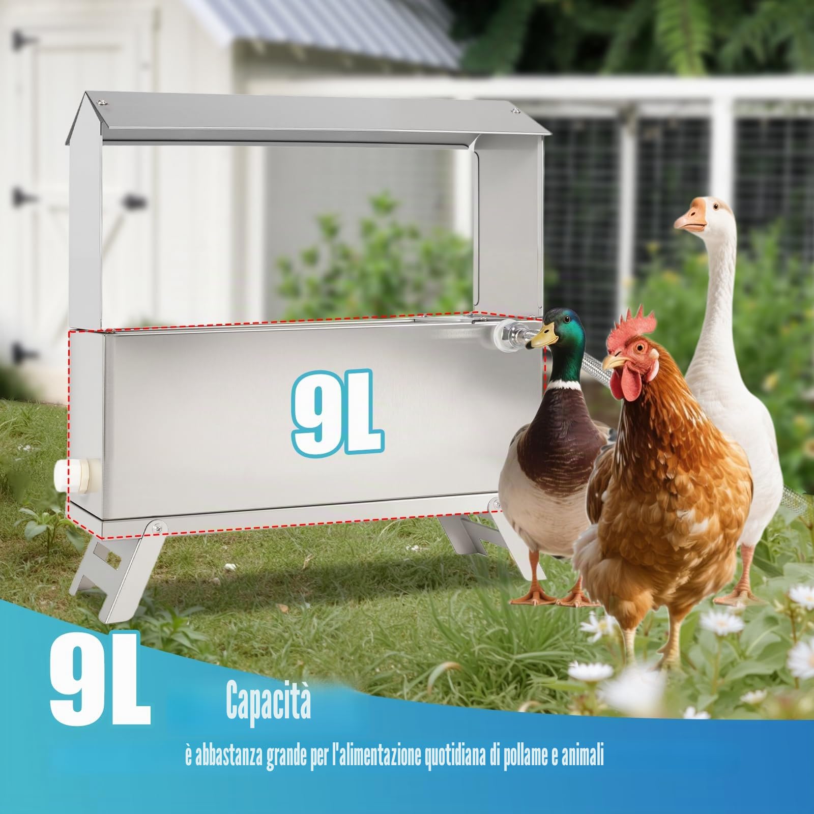 Abbeveratoio automatico per polli in acciaio inox, 9 l, distributore automatico di acqua per pollo, anatra, tacchino, piccione, quaglie con valvola galleggiante e tubo dell'acqua da 150 cm
