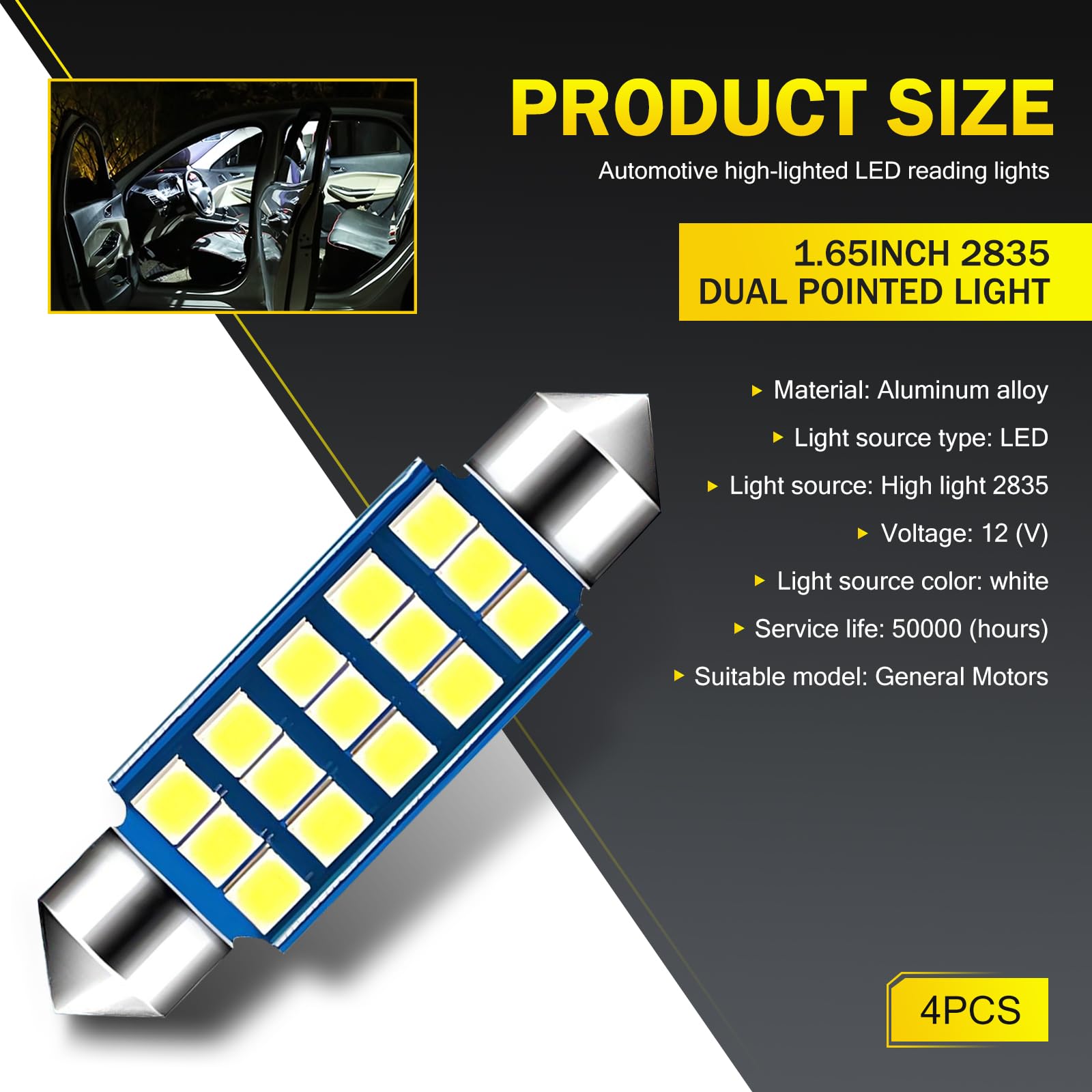 SLIMI 4 PCS Car Licence Plate Light, 6500K 2835 Chipset 12V Bulb for LED Interior Dome Map Door Lamp 211-2 212-2 569 6411 6451 41 mm 42 mm (White)