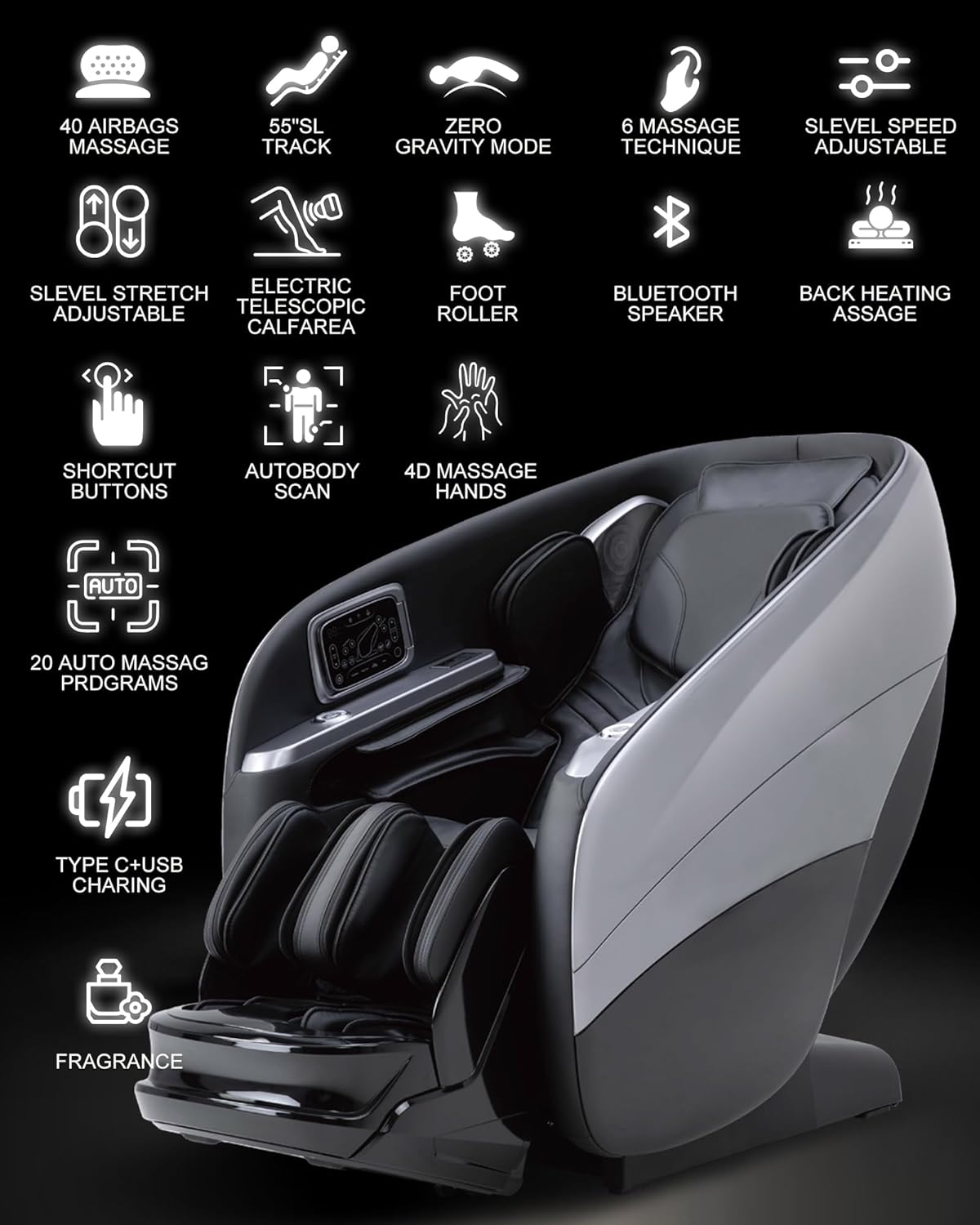 Massage Chair Full Body,4D Zero Gravity Massager Recliner with Touch Screen Controller, SL-Track Heating, Foot Massage, Auto Modes, Bluetooth Speaker, Black