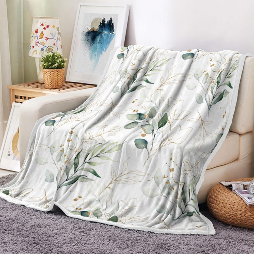 Eucalyptus Leaf Blanket, Botanical Plants Throw Blanket, Soft, Flannel, Warm, Watercolor Floral Throw Blanket Green Botanical Floral Aesthetic Bed Blanket for Couch Bedroom Living Room 50X60 Inch
