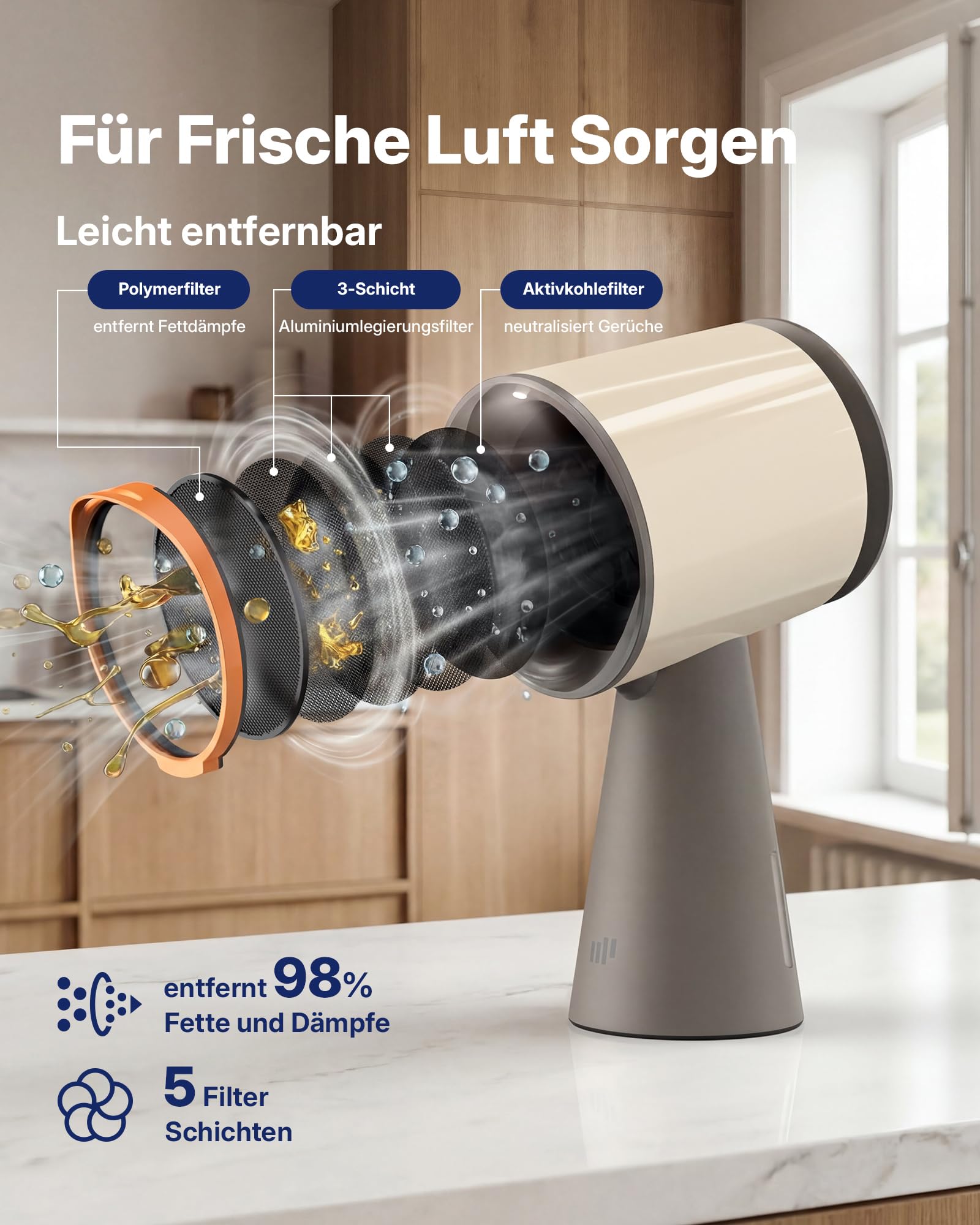 Upstreman Mini Dunstabzugshaube,Tragbare Abzugshaube mit 3 Geschwindigkeiten,Mobile Abzugshaube mit Austauschbarem Filter,für Steak Grillen BBQ Hot Pot Beige-HD06