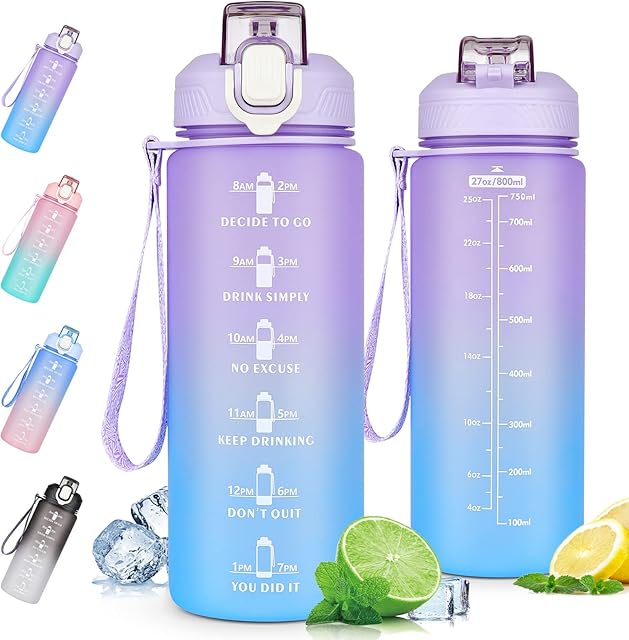 CodiCile Water Bottle with Straw, 800ml Sports Water Bottle with Motivational Time markings & Handle,Leakproof Drinking Bottle with BPA Free Lid for Teenager, Adult,Gym Office Cycling ( Purple Blue)