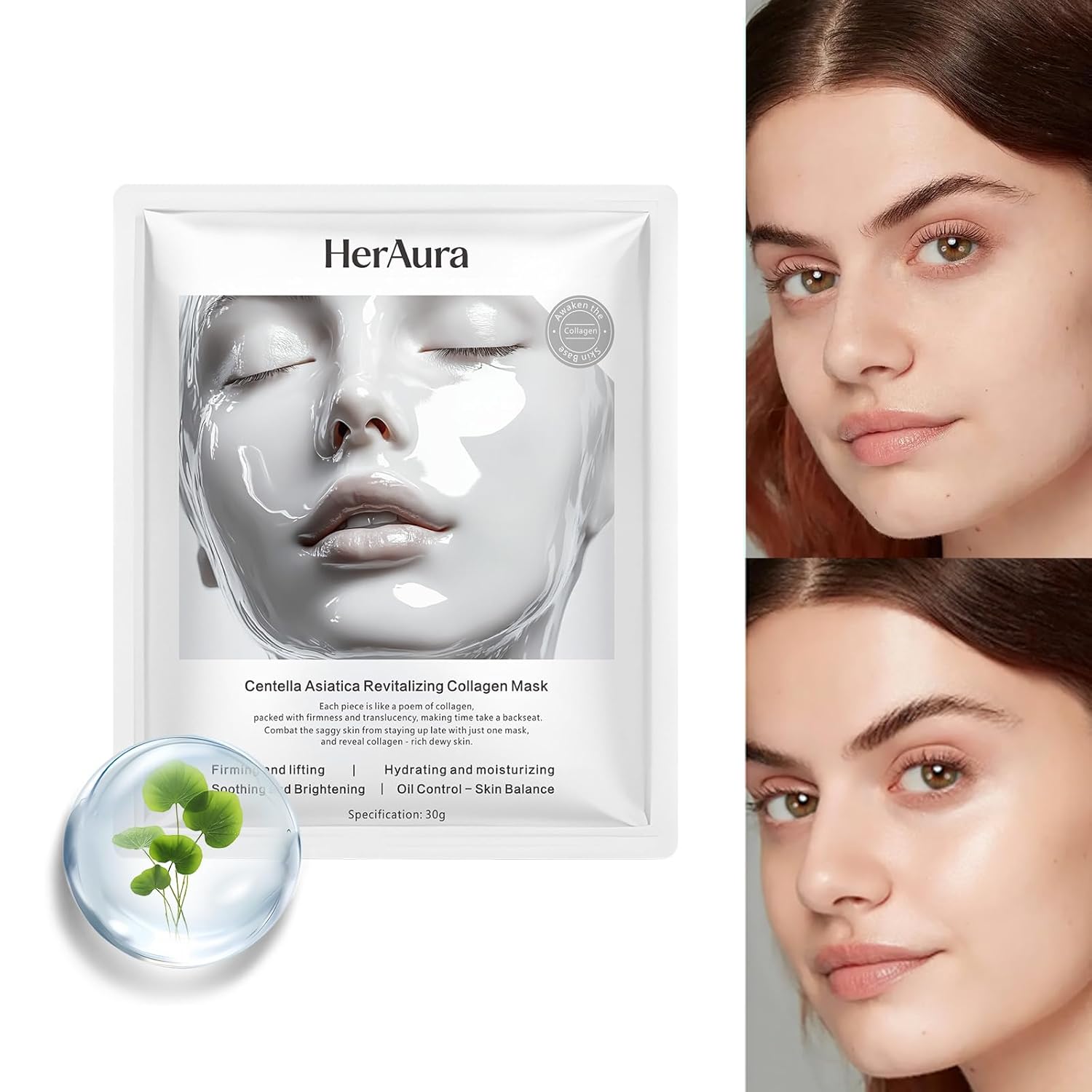 Centella Asiatica Hydrating Collagen Hydrogel Mask 5-Pack - Soothing and Firming Face Mask with Niacinamide, Vitamin C and 200Da Bio-Collagen for Sensitive Skin, 30g Each