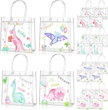 Aliceset 20 Pcs Pink Dinosaur Clear Treat Bags with Handles Cute Watercolor Dinosaur Party Favor Dino Gifts Bags for Birthday Dino Theme Party Supplies Candy, 8 x 8 x 3.15 Inch