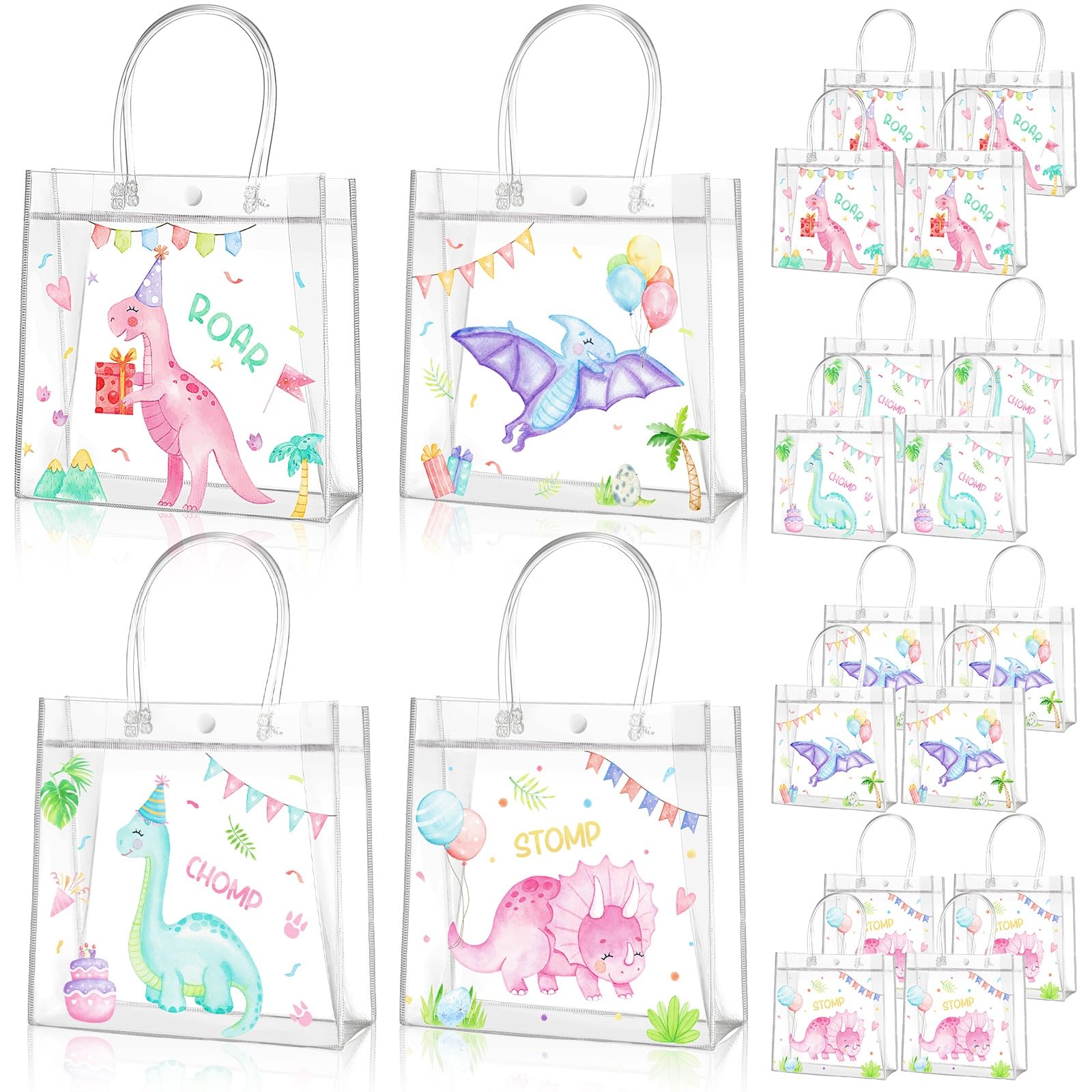 Aliceset 20 Pcs Pink Dinosaur Clear Treat Bags with Handles Cute Watercolor Dinosaur Party Favor Dino Gifts Bags for Birthday Dino Theme Party Supplies Candy, 8 x 8 x 3.15 Inch