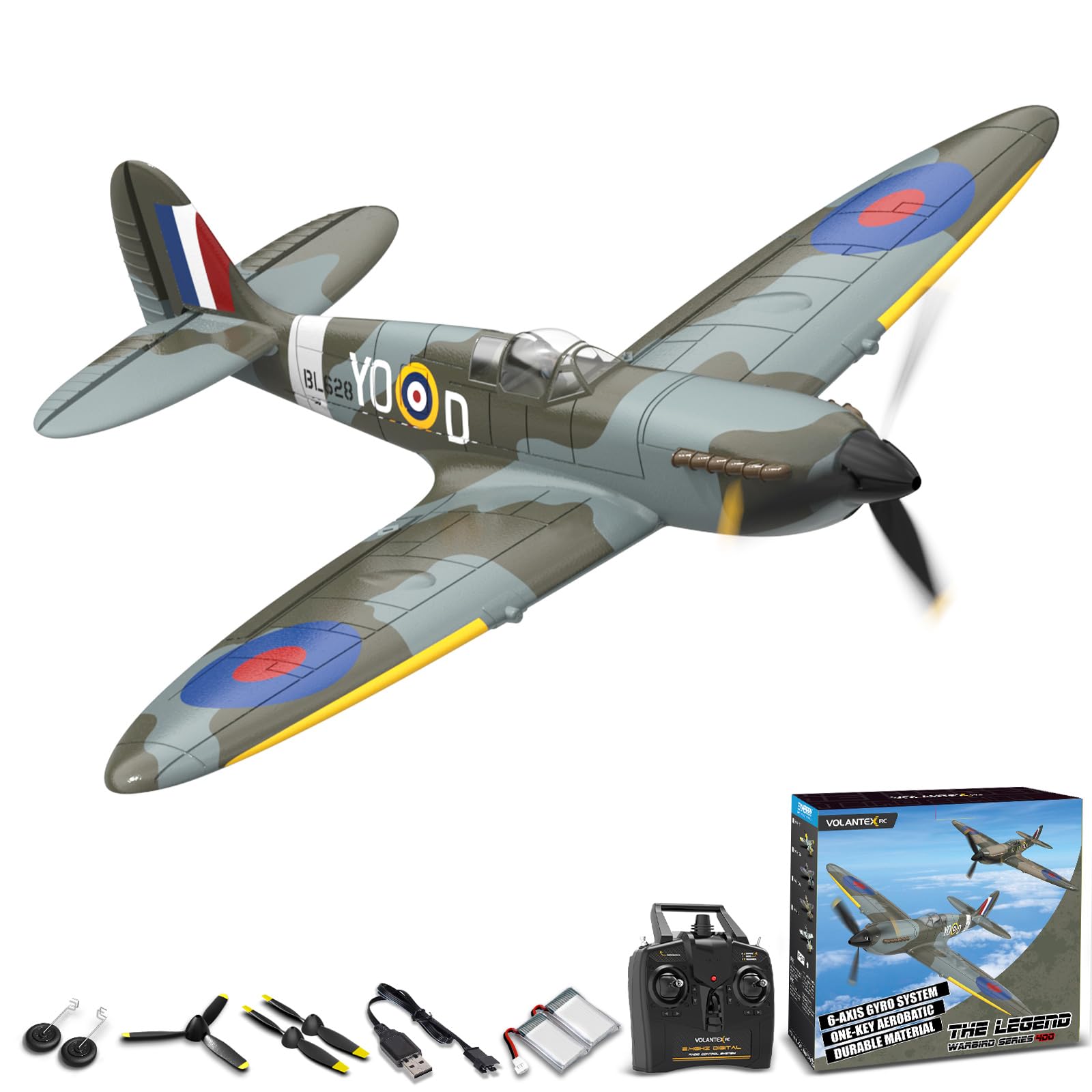 VOLANTEXRC RC Plane, 4 Channel Remote Control Airplane Fighter Spitfire RTF with Aileron, Gyro, Aerobatics & 3 Modes Easy to Fly, Hobby Radio Controlled Aircraft for Beginners, Kids & Adults (Blue)