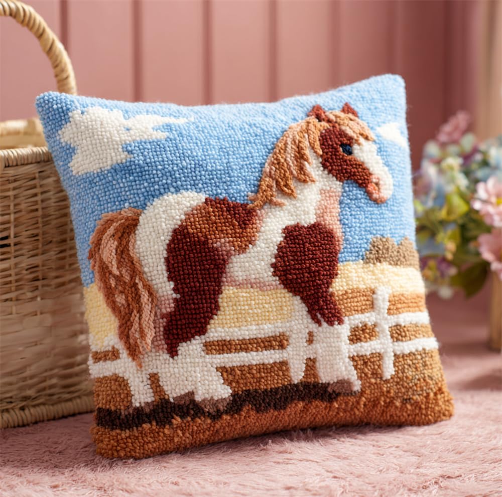 Taxpy Latch Hook Pillow Cover Kits for Adults Beginners,Cute Horse Pre-Printed Embroidery Cushion Kit Latch Hook Kit Cushion Cover Making for DIY Starter Project,17X17Inch