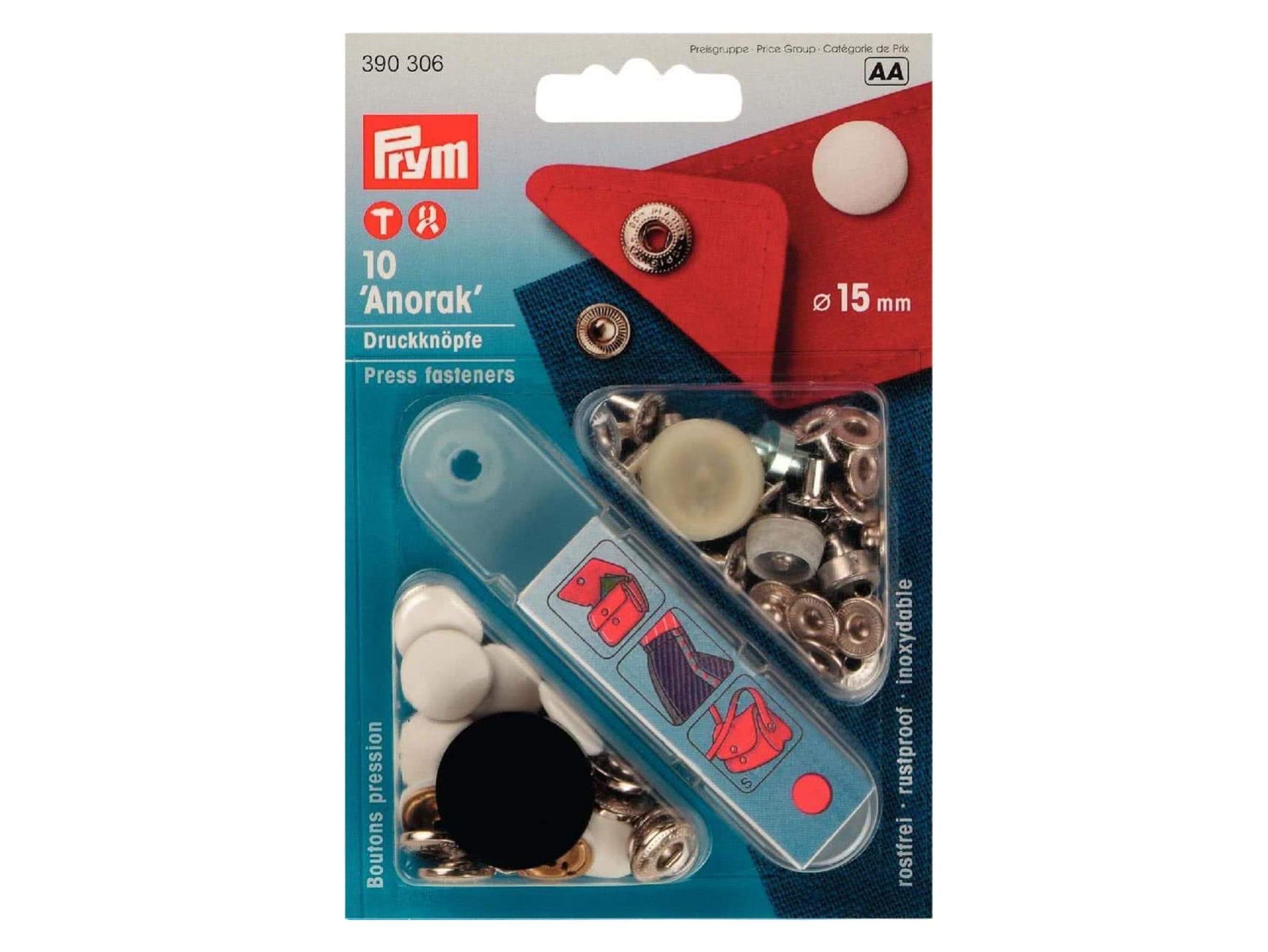 Prym 390306 Nähfrei-Druckknopf Anorak, 15mm, weiß, 10 Stück mit Werkzeug