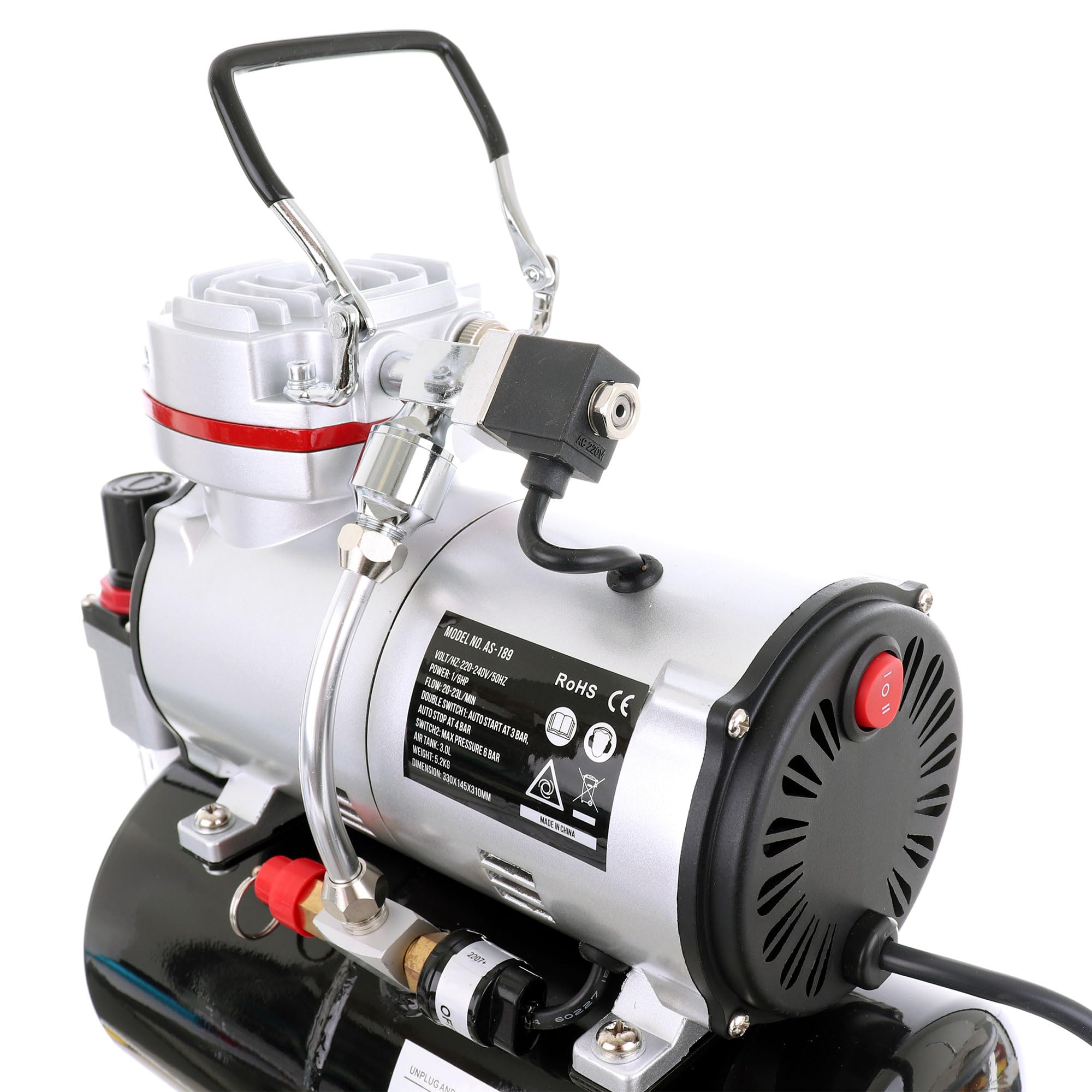 TC TECHNIC - Kompresor do aerografu - Air Compressor - do modelarstwa, z butlą o pojemności 3 l, gwintem 1/8", napięciem 230 V, przepływem 23 l/min, filtrem i regulatorem ciśnienia - AS-189