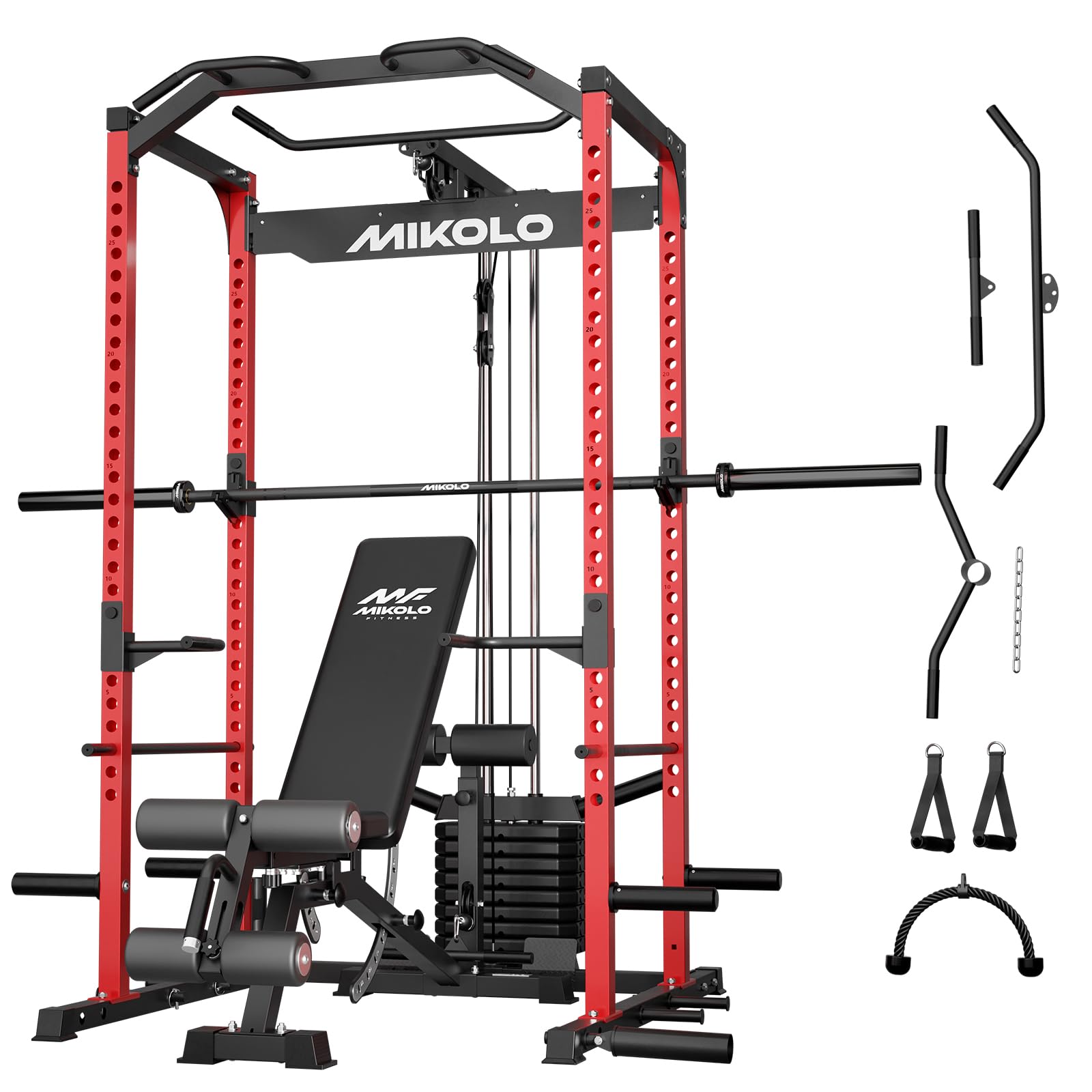 Mikolo F4 2.0 Power Cage with Dual-Track Smooth Pulley System, 1200LBS Power Rack with Leg Hold-Down for Heavy LAT Pulldowns
