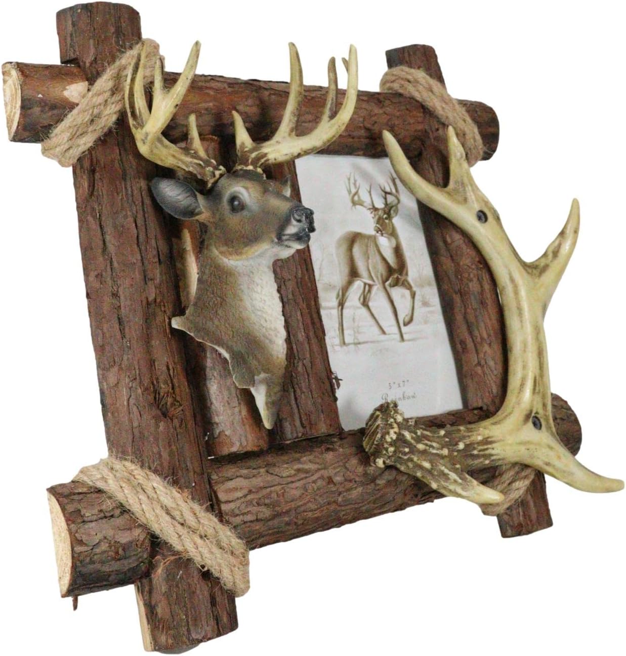Ebros Rustic Buckhorn Stag Deer Trophy Bust And Antlers With Wooden Log Borders Picture Frame Easel Back Or Wall Hanger 5"X7" Photo Hunters Deers Antler Racks Cabin Lodge Cottage Home Accent
