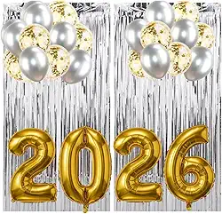 Kit Decoração Réveillon 2026, 20 Balões Prata e Dourado Confete, 4 Balões Números 75cm, 2 Cortinas Metalizada Prata