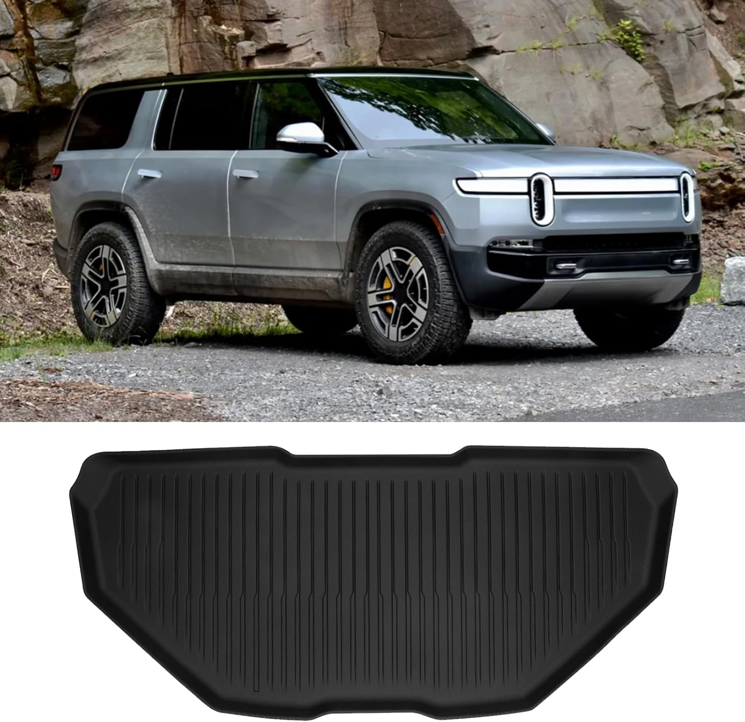IKON MOTORSPORTS TPE Storage Mat, Compatible with 2022-2026 Rivian R1T/R1S, Custom Fit All Weather Protection Heavy Duty 3D Molded Front Upper Cargo Trunk Tray Mats Protector Liner 2PC, Black