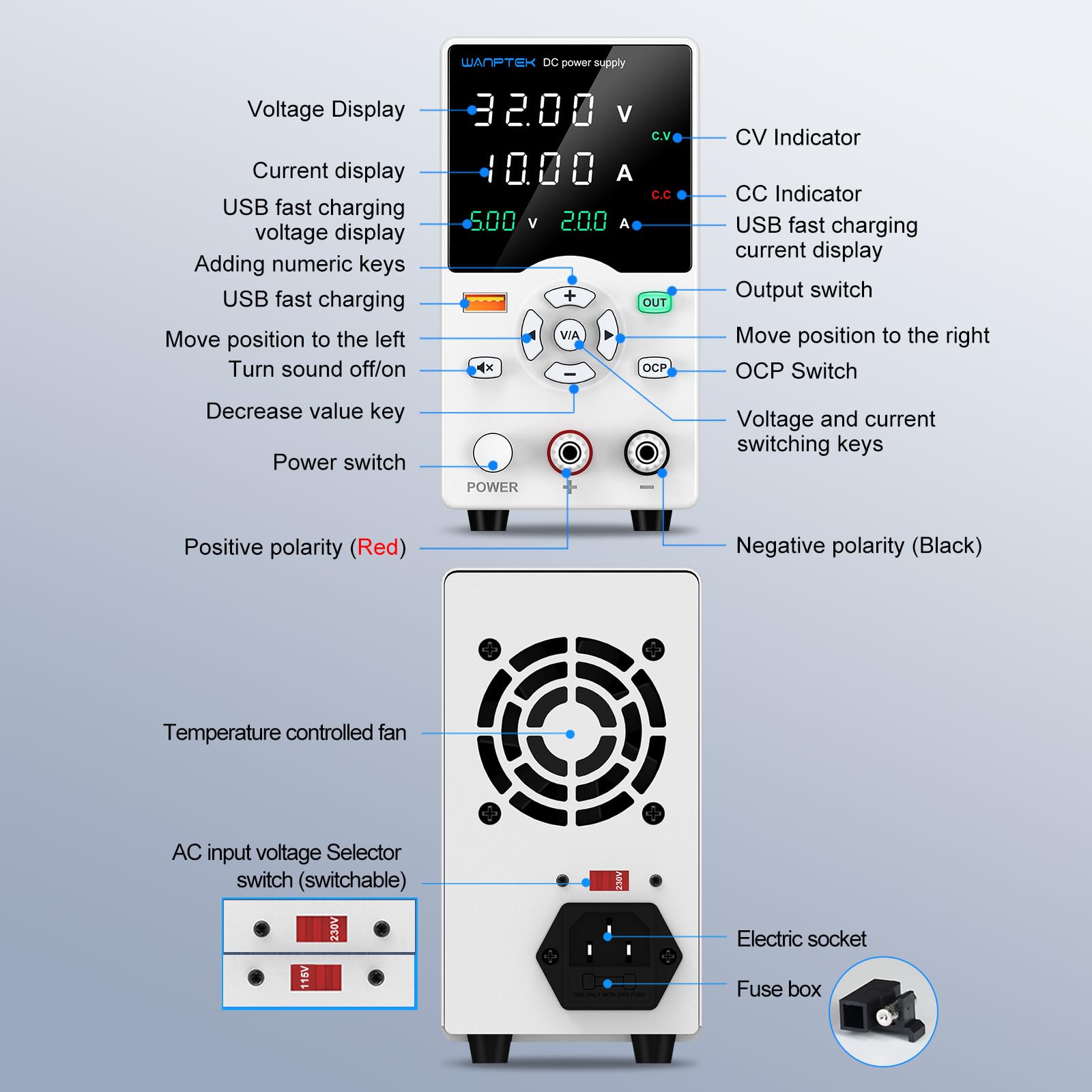 Alimentation Laboratoire 30V 10A, Variable avec Bouton Ajustable, Stabilisée OCP/Bouton de Sortie/Charge Rapide USB 18W / Mode Silencieux