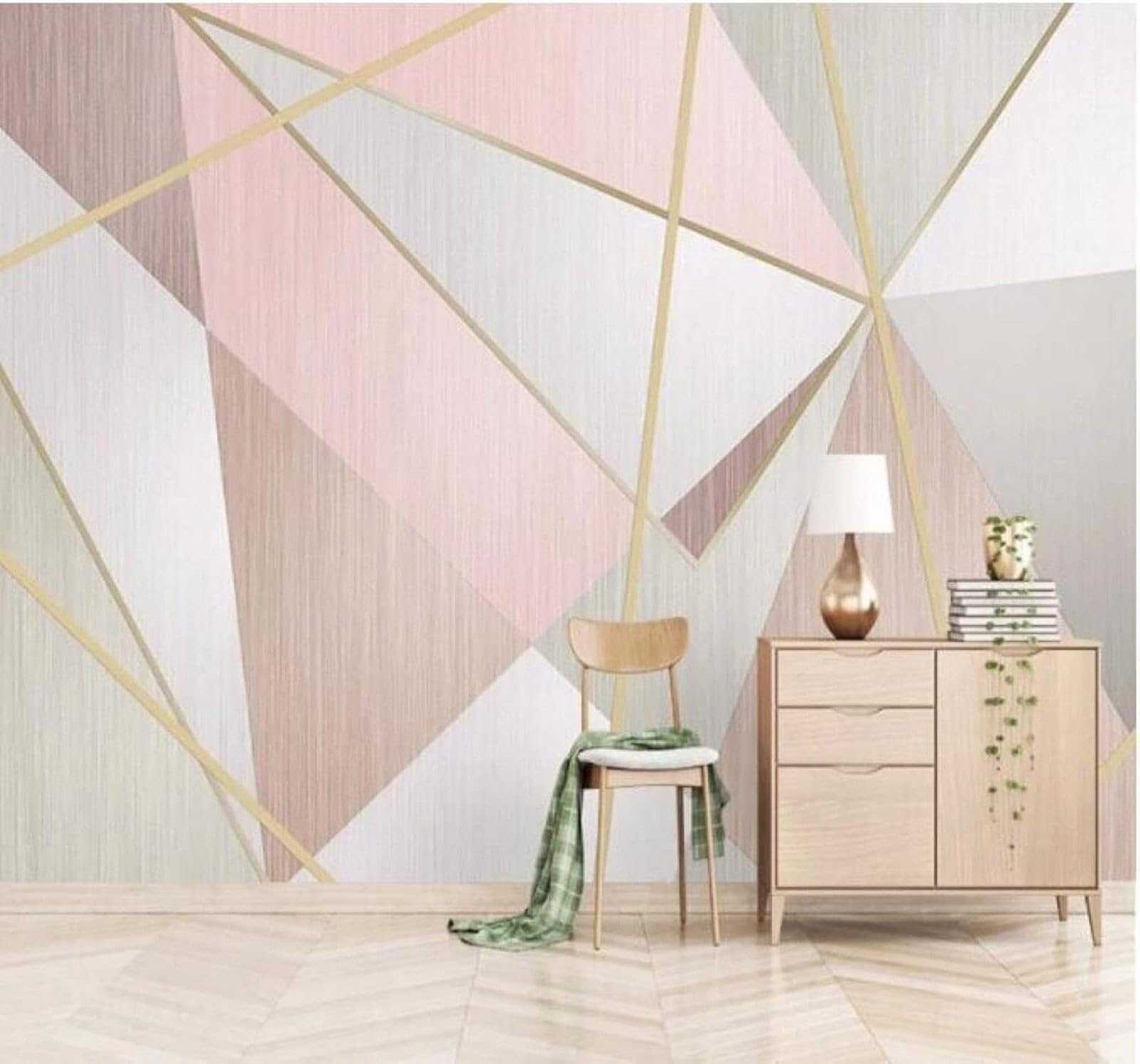 XLMING Minimalist Pink Geometric Triangles Gold Lines 3D Wallpaper Luxury Home Dining Decor Paste Sofa Living Room The Wall for Bedroom Mural-150cm×105cm