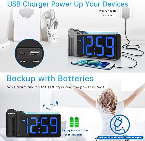 Miniatura 7 de Peakeep Projection Alarm Clock for Bedroom Ceiling 180 Rotatable, Loud for Heavy Sleepers, Colorful Nightlight, 5 Brightness Dimmable Large Number