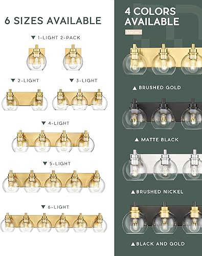 Miniatura 108 de VL195-GD-3 - Lámpara de tocador de baño de 3 luces de oro cepillado, apliques de pared modernos con pantalla de globo de vidrio transparente, luces