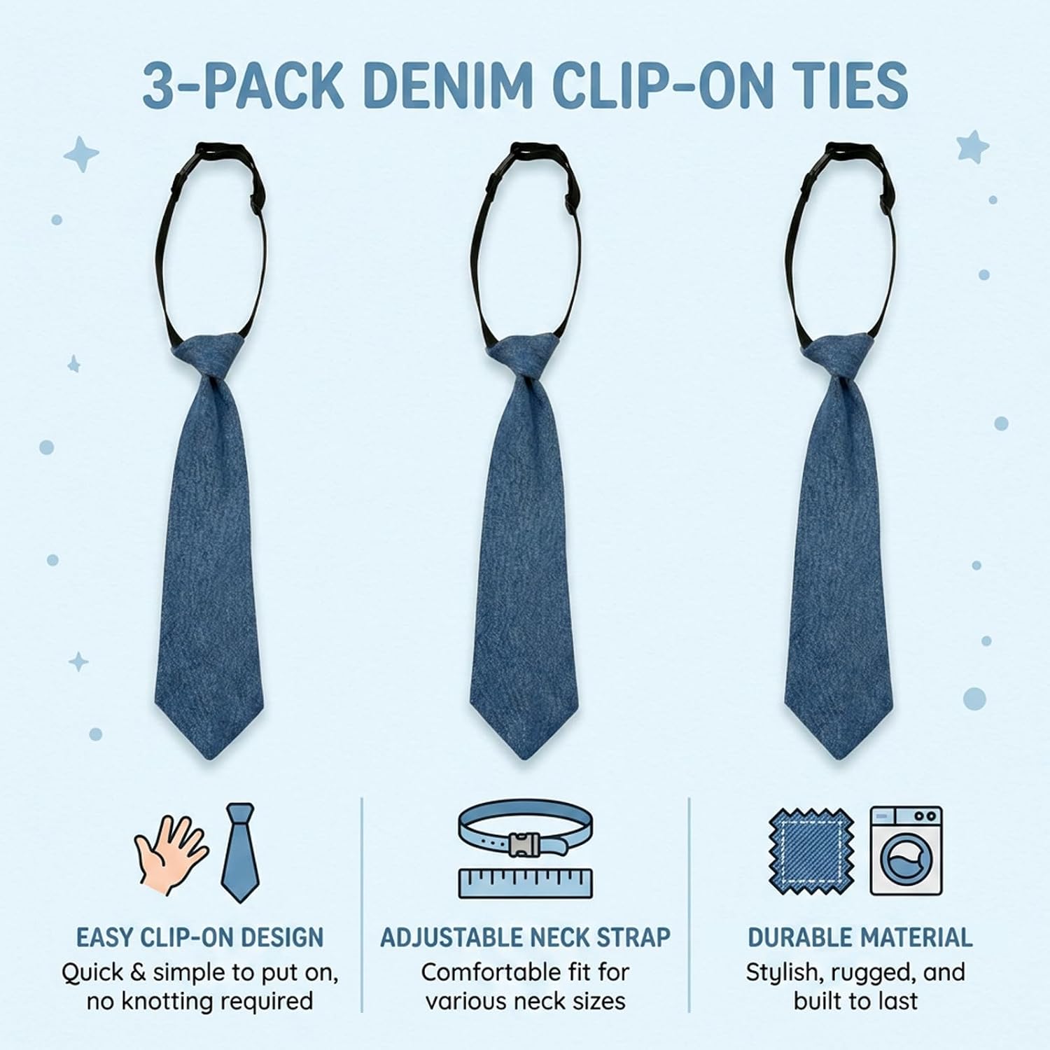 3 PCS Denim Tie, Denim Tie for Women and Men, Classic JeanTie Fashion Necktie Set for Daily Wear and Theme Party Outfits