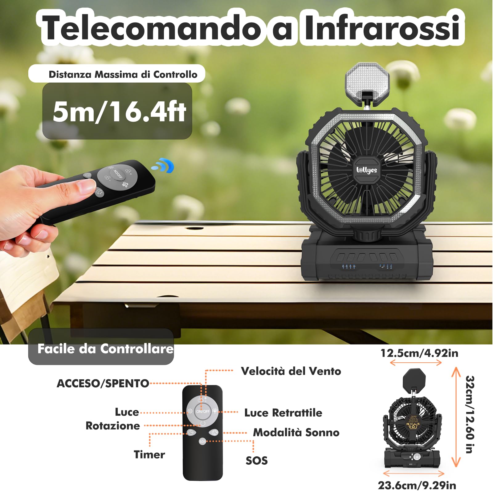 Ventilatore da Campeggio con Luce, Alimentazione a Batteria 20000mAh, Ventilatore Portatile Ricaricabile con Telecomando e Gancio Rotante a 360°, 4 Velocità per Interni, Viaggi, Camper (Nero)