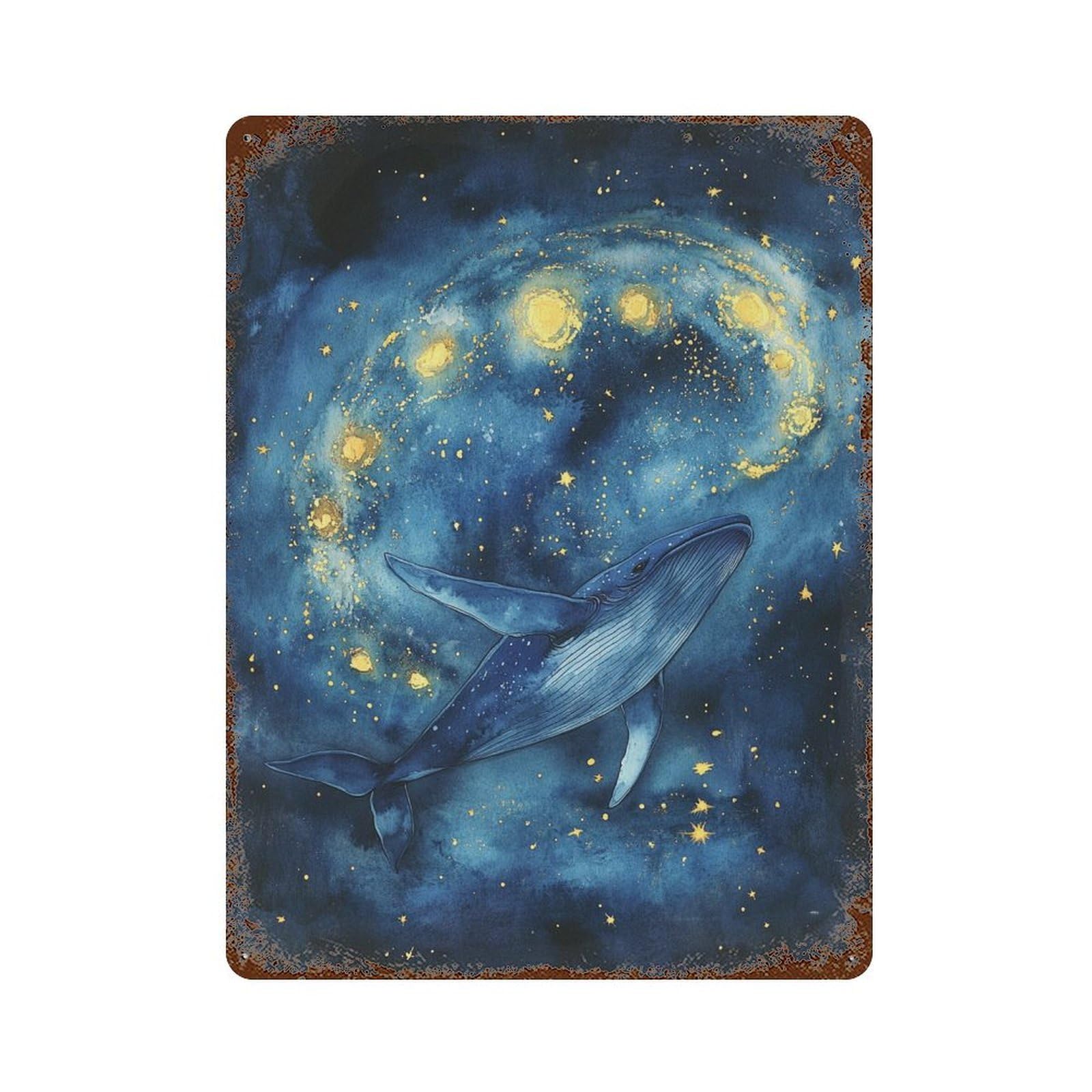 Whale in Starry Sky Art Print-1 Decorative Tin Sign 15.7"x11.8", Farmhouse Wall Decor for Garage, Bar And Workshop Decor