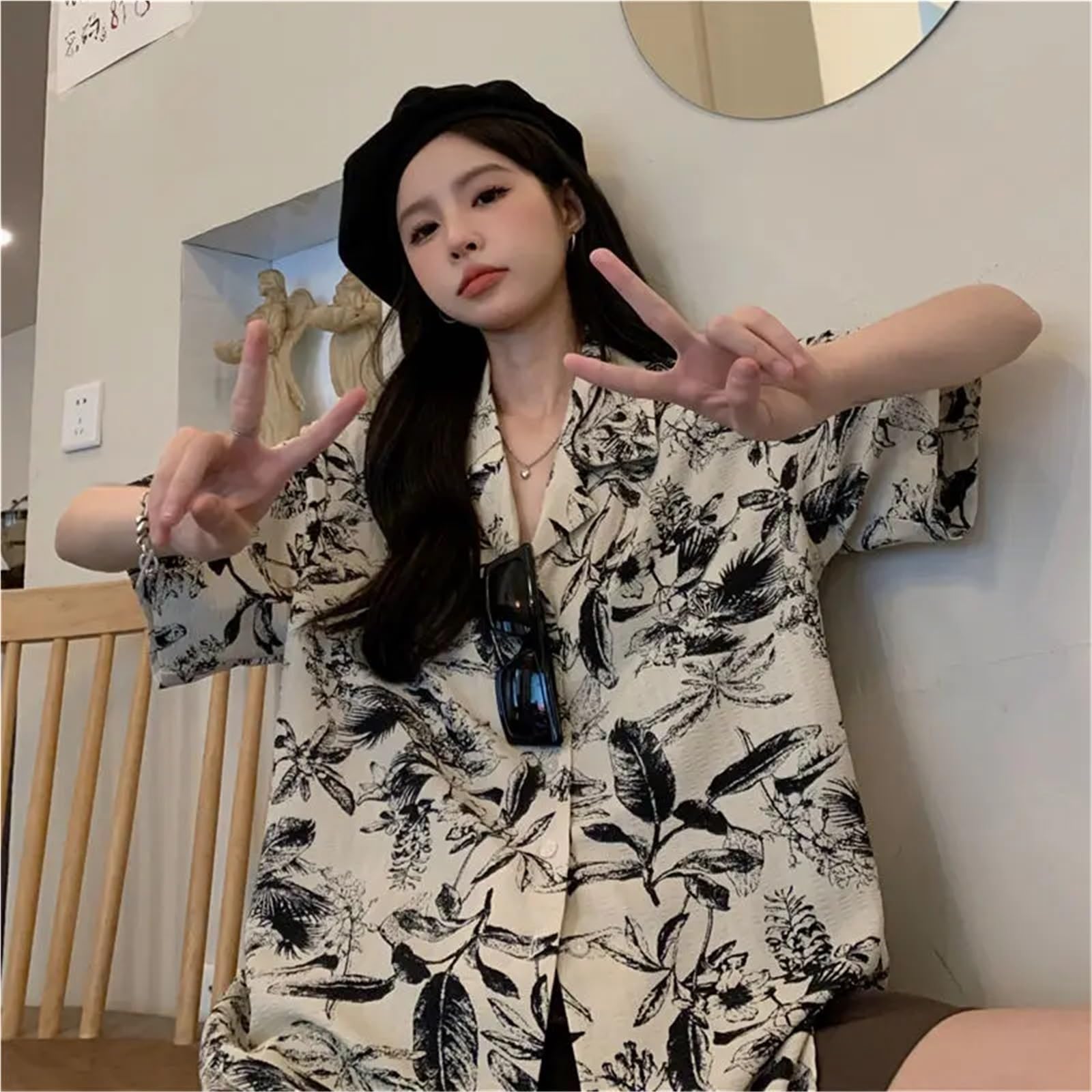 Camisa de Manga Corta con Estampado Floral Retro de Verano for Mujer, Camisa Playera, Top Holgado y versátil