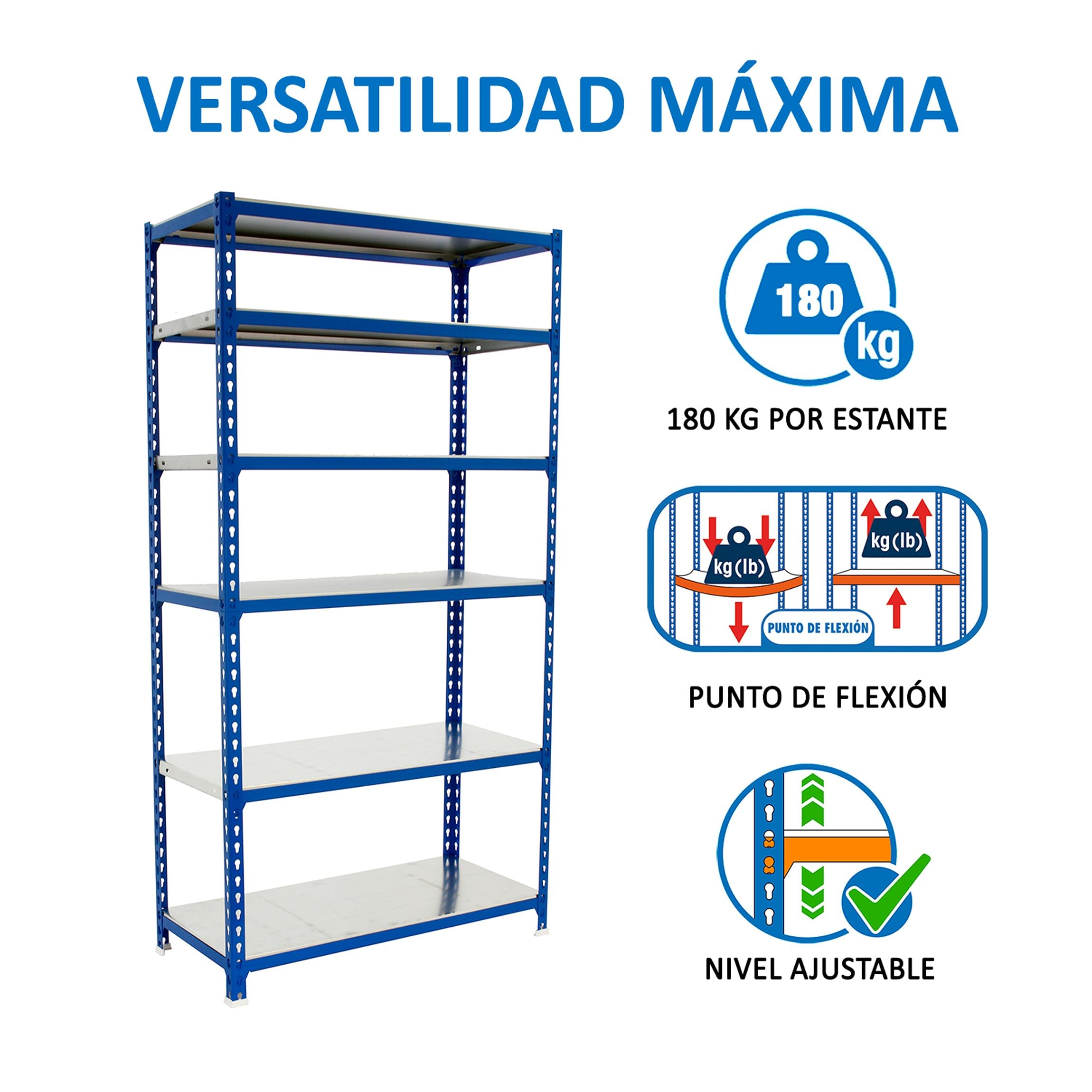 Simon Rack Estanterias Metalicas, 2500x900x400 mm, 6 Baldas de Metal, 180 kg de Punto Flexión, Estanterias Almacenaje, Azul/Galva - Simonclick