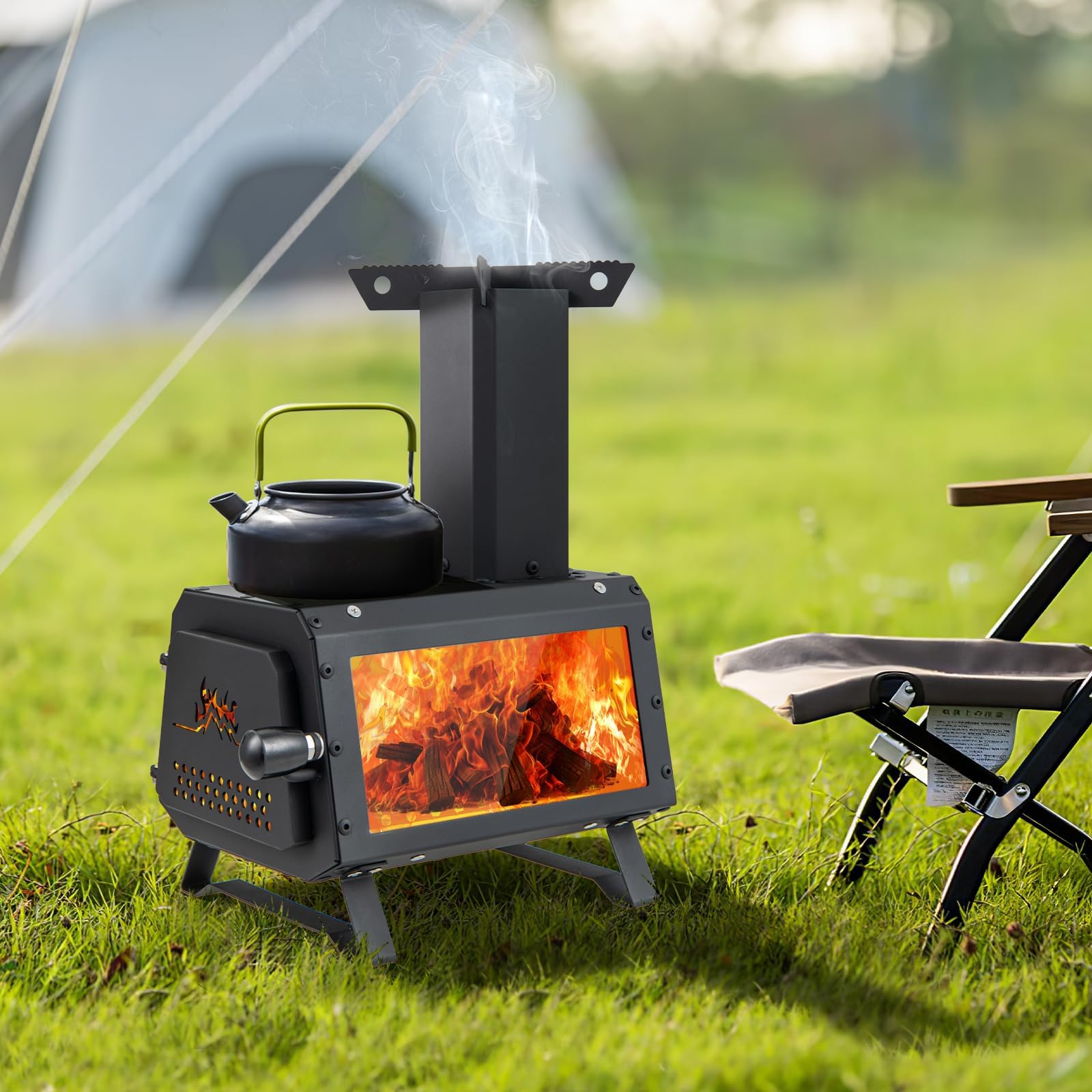 HAPPYGRILL Portable Camping Stove with Lid, Wood Burning Stove with 3 Air Vents, Large Visual Window, X Shaped Holder, Outdoor Hot Tent Stove For Camping, Hunting, Fishing, Cooking