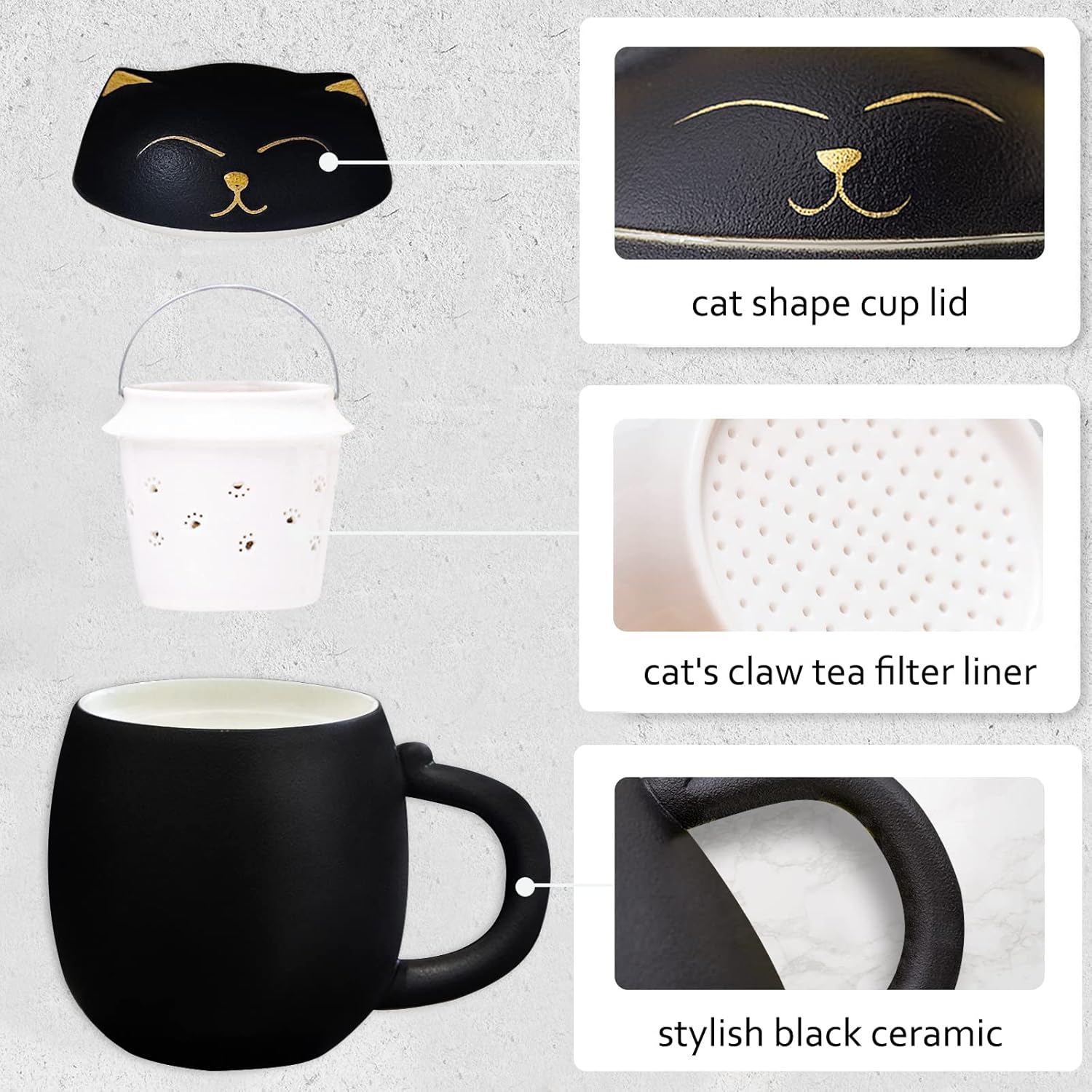 Liywall - Ceramic Tea Mug with Infuser and Lid, Cat Design Handmade Porcelain Tea Cup Strainer With Portable Shockproof Storage Case for Travel Office Home,Wife Girlfriend Gift - Black - Image 3