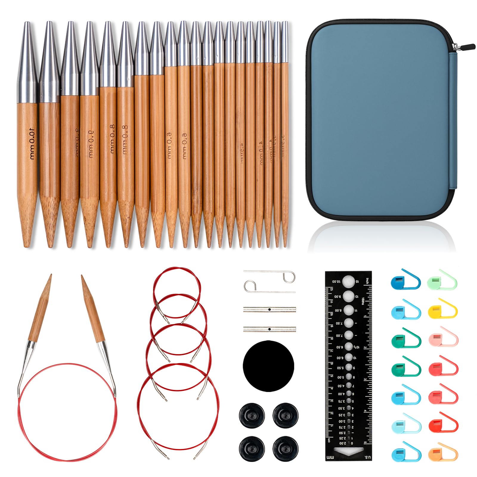 RUIDI Rundstricknadel-Set, 11 Größen, austauschbares Bambus-Rundstricknadel-Set mit Etui und Zubehör, 10 cm, 3,5 mm bis 10 mm (Bambus) | Rundstricknadel-Set mit Etui und Zubehör, (3,5 mm bis 10 mm) (Bambus)