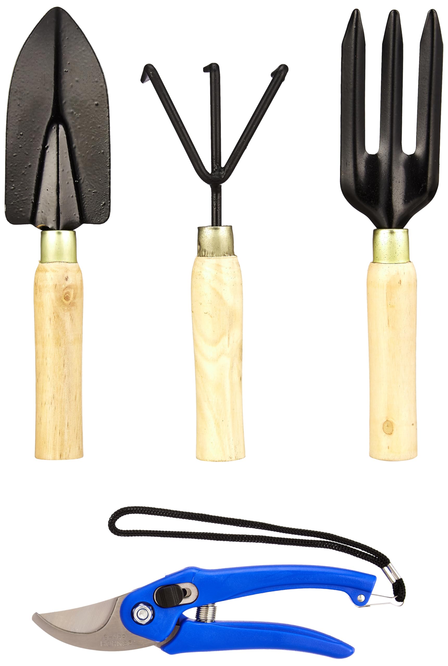 Amazon Brand - Solimo 4-Piece Gardening Tool Set | Hand Cultivator, Trowel, Garden Fork, Pruner | Wooden Handle (B0D6741H8T) Amazon Price History, Amazon Price Tracker