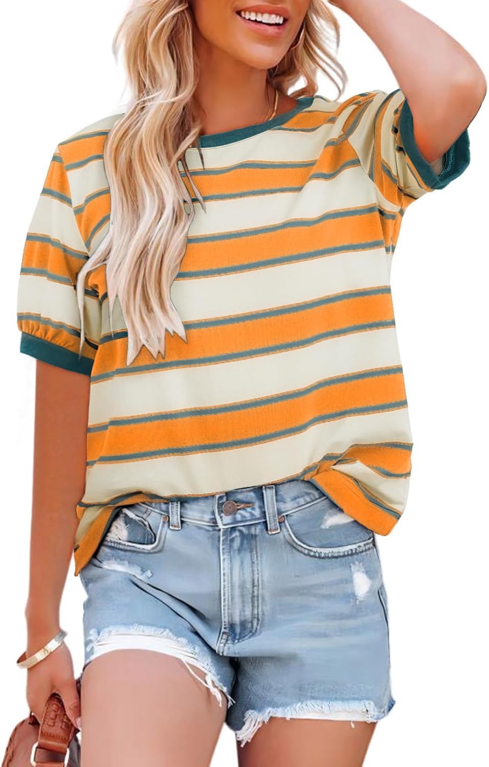 Cuptacc Tshirt Damen Rundhals Locker Oberteile Bunt Gestreiftes Tunika Damen Sommer Casual Baumwolle T Shirt Kontrast Kurzarm Oberteile