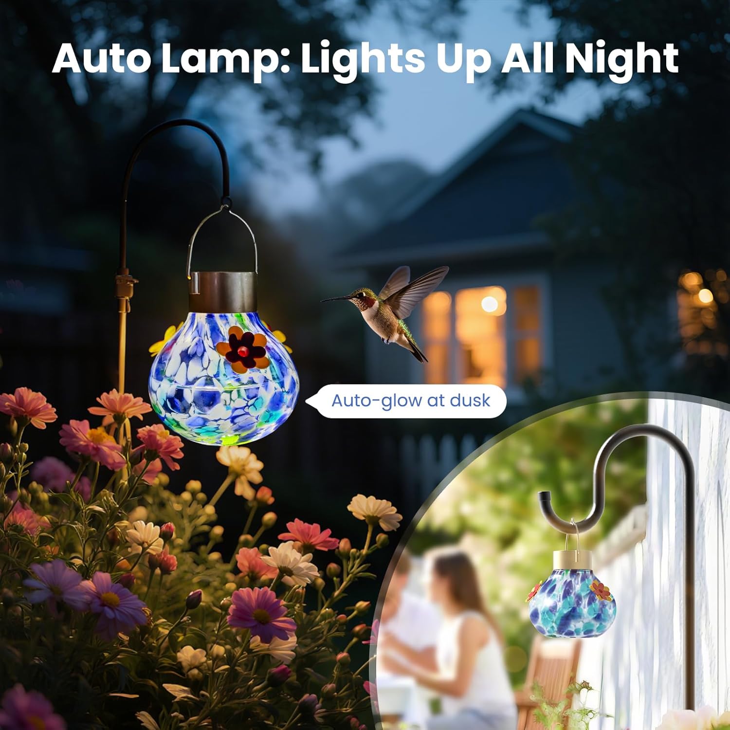 Solar Glass Hummingbird Feeder Outdoors Hanging, Waterproof 3 Feeding Ports, Auto Light Up Garden Decor, Ideal Bird Lover Gift (Blue)