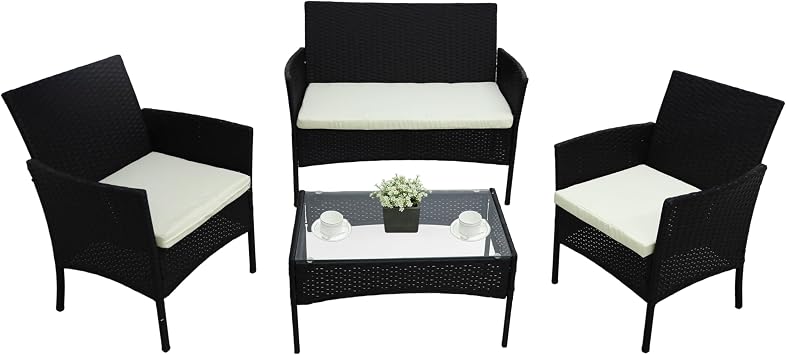 Alivio 4 Piece Rattan Sofa Set, Patio Rattan Furniture Set with Coffee Table, Weather Resistant Anti-UV Cushions for Indoor Outdoor Black