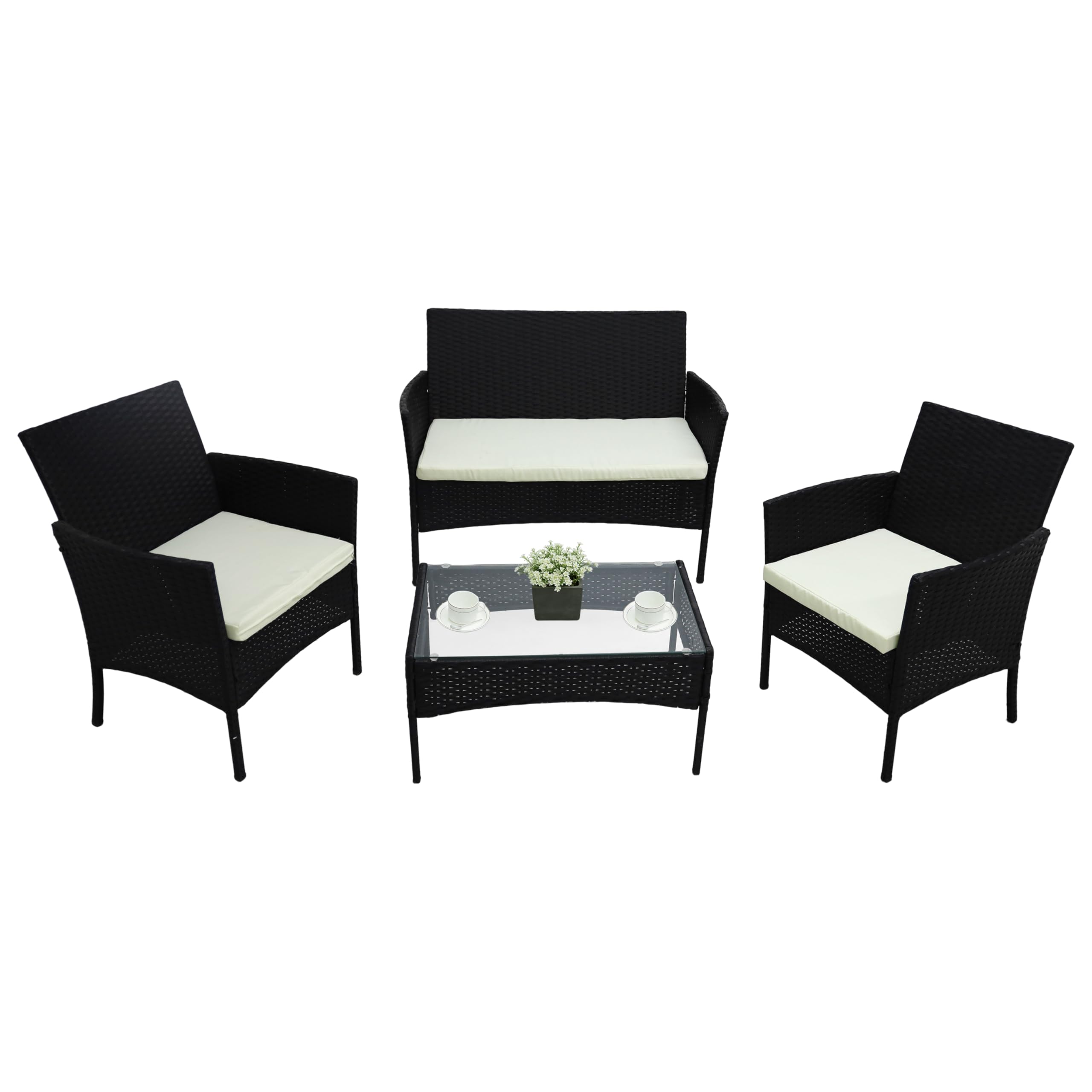 Alivio 4 Piece Rattan Sofa Set, Patio Rattan Furniture Set with Coffee Table, Weather Resistant Anti-UV Cushions for Indoor Outdoor (Black)