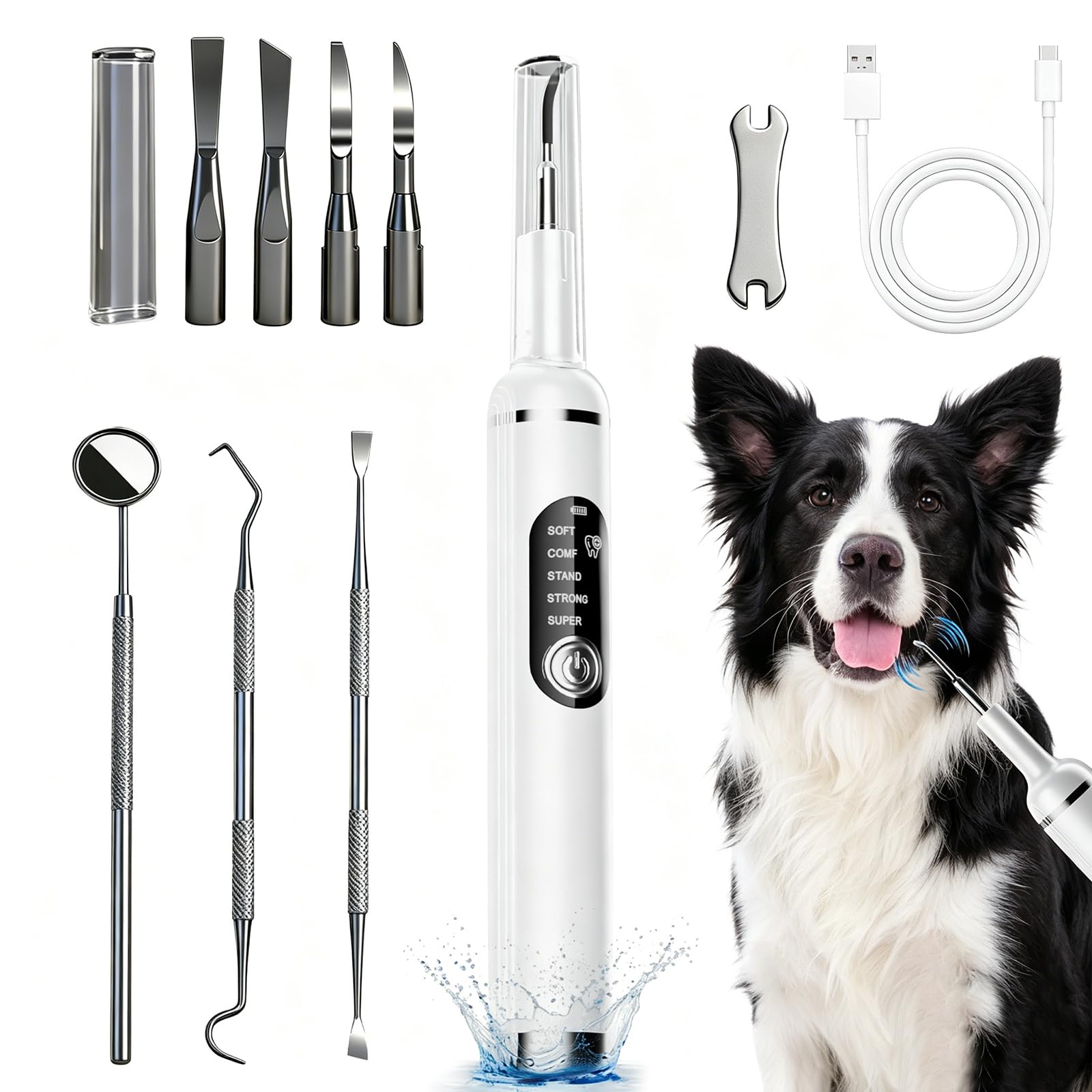 HUAJUN Dog Plaque Remover for Teeth, Ultrasonic Teeth Cleaner for Dog and Cat, 5 Cleaning Modes and 4 Cleaning Heads for Pet Dental Care,with LED USB Rechargeable Dental Care Kit