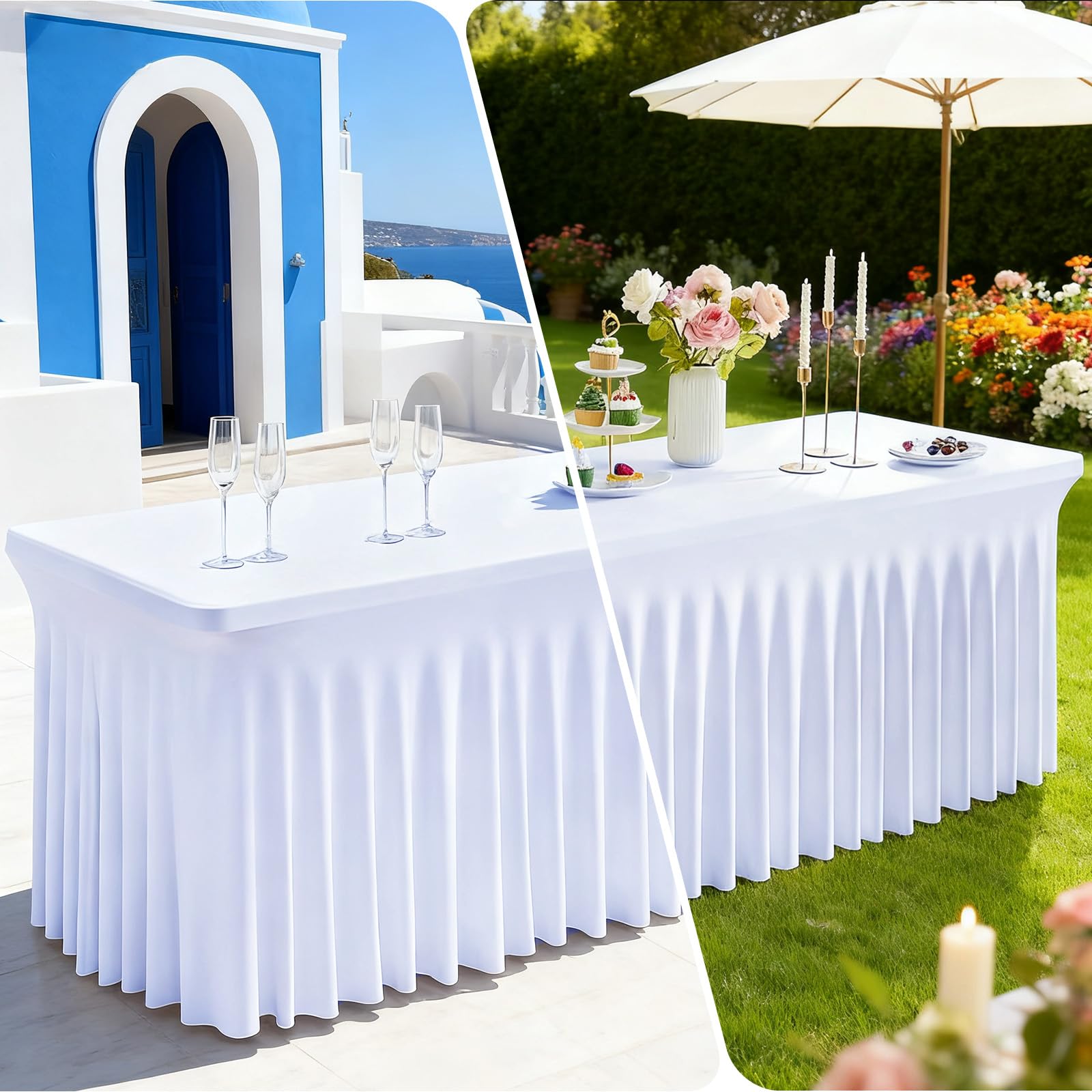 FAVE 2er Set Tischröcke für Rechteckige Tische 244 cm, Weiß | Tischdecken mit Passform für Party, Outdoor, Hochzeit und Bankett, Weiß, 76x244 cm