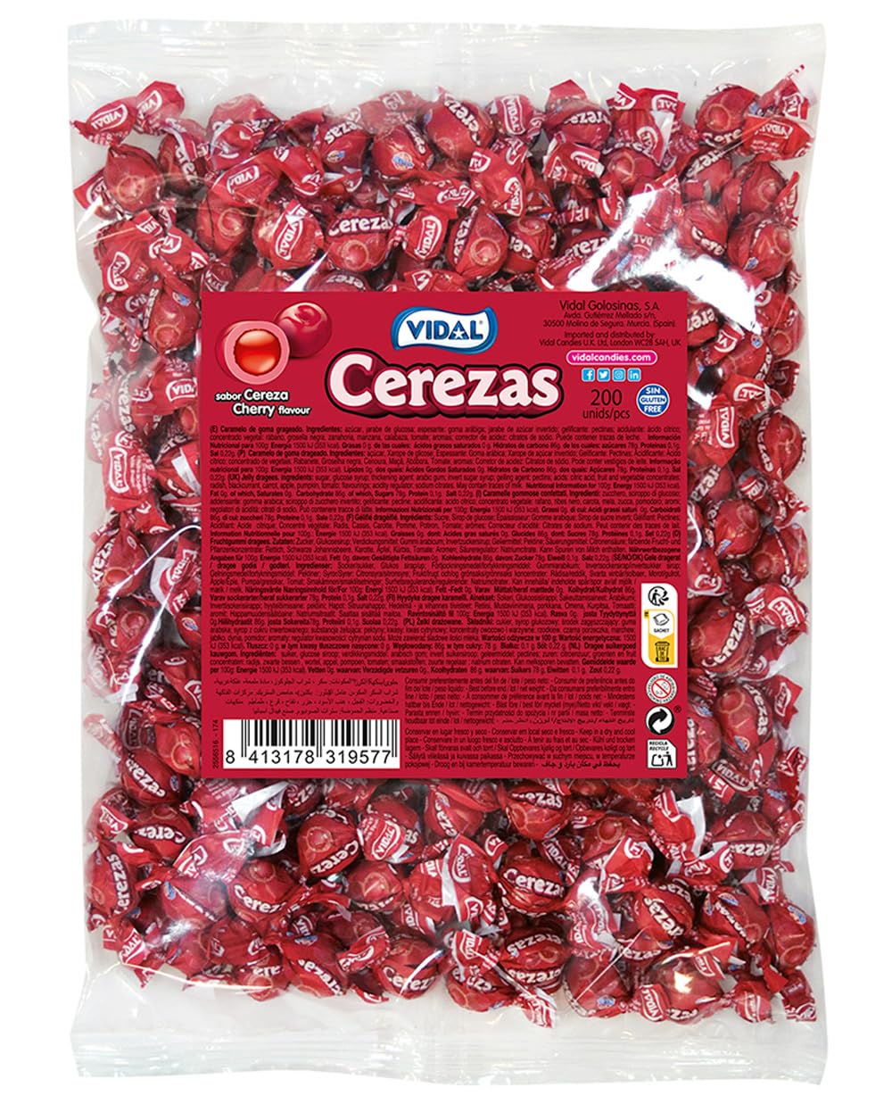 Vidal Golosinas Cherries Caramelo de goma grageado sabor cereza Bolsa 200 unidades