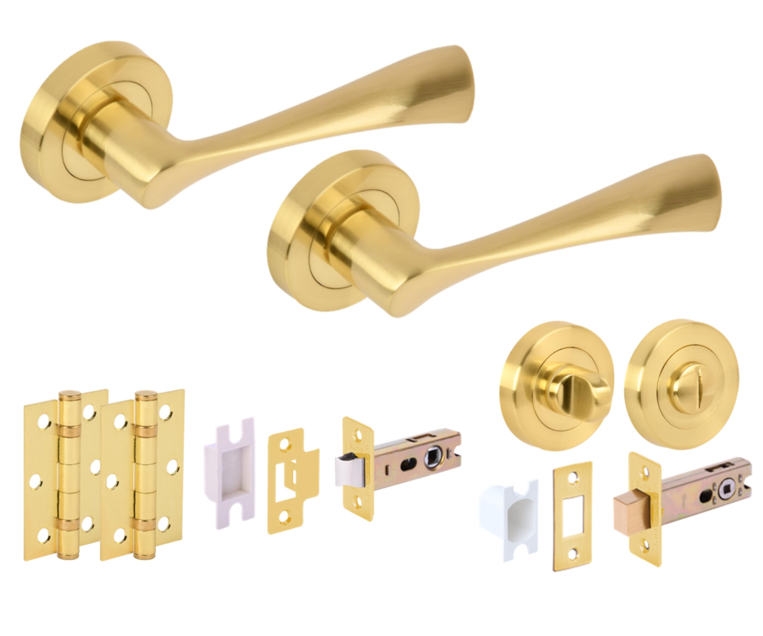 Hunta HANDLEZONE® Zena Door Handles on Rose Bathroom Deadbolt Pack with Ball Bearing Hinges - Brushed Brass