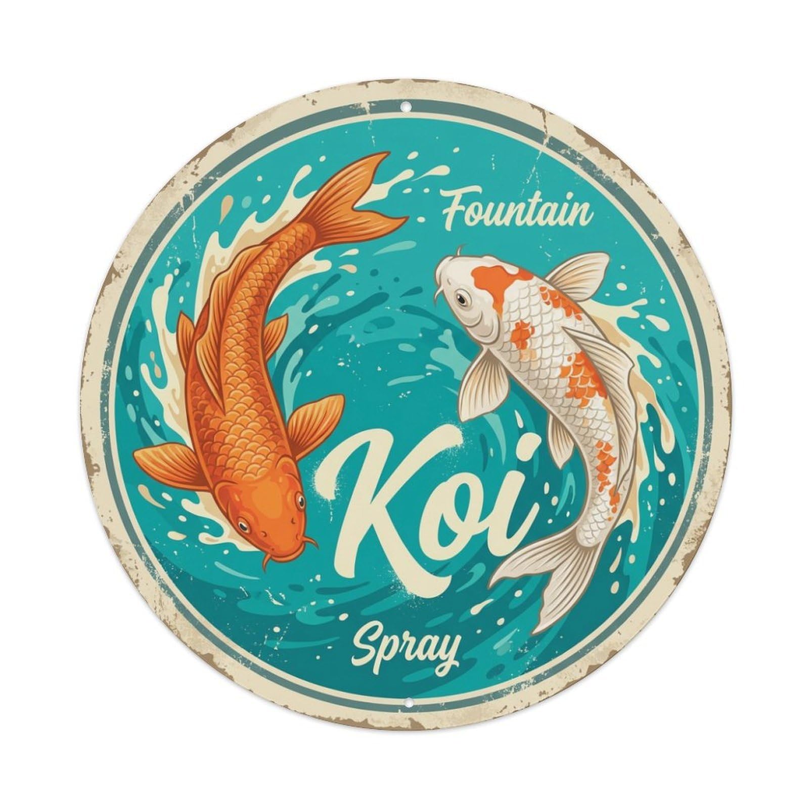 Koi Fish Fountain Spray Waters Splash Dynamic Fresh Playful Metal Tin Sign