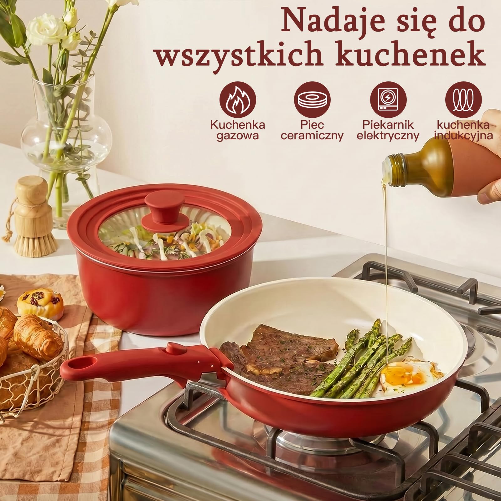 GiPP Zestaw 21 Patelni z Powłoką Nieprzywierającą, z Odłączanymi Uchwytami | Nadaje się do kuchenek indukcyjnych, z aluminium, do zdrowego gotowania w kamperze, wolne od toksyn, można myć w zmywarce