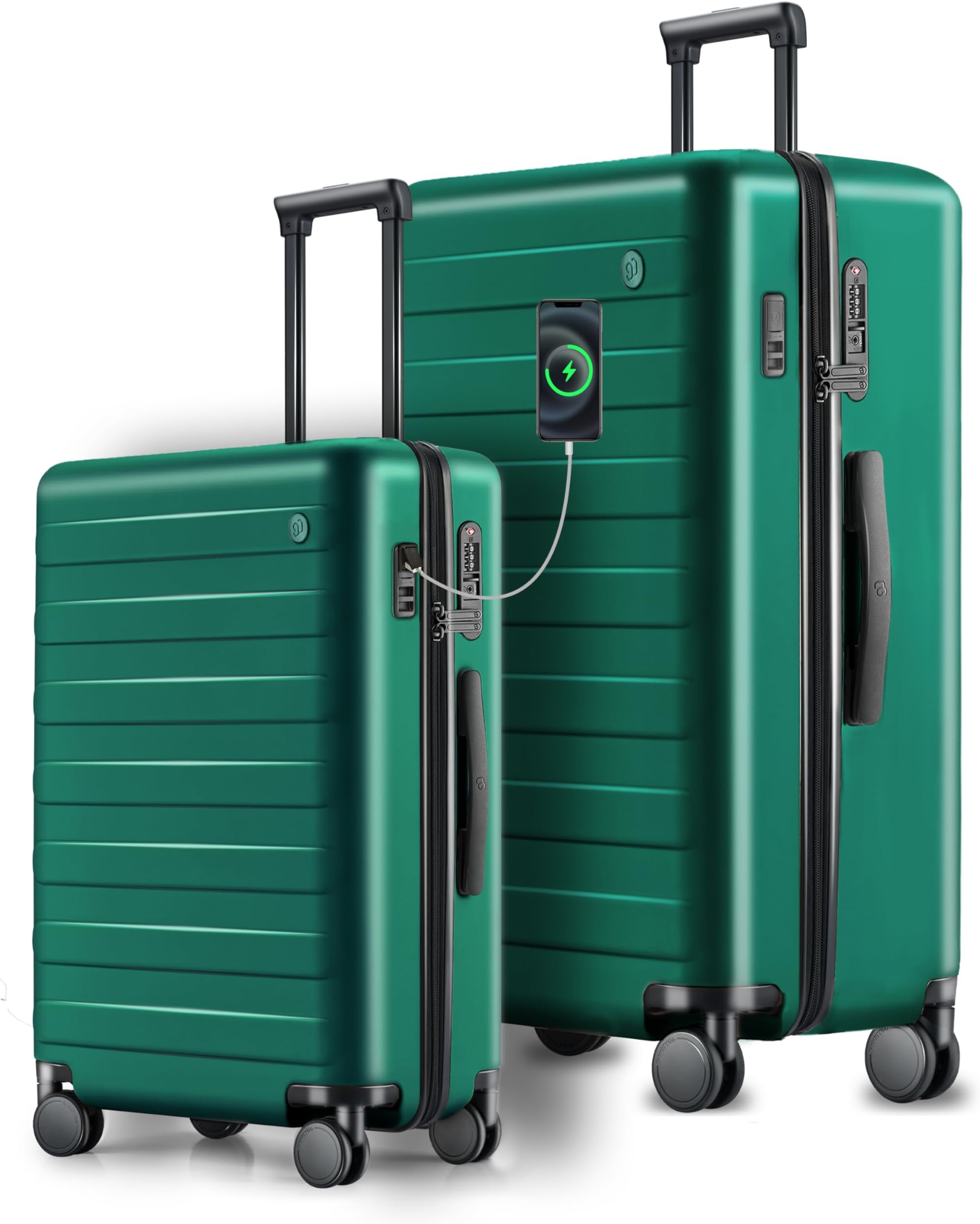 NINETYGO キャリーオンラゲッジ 22 x 14 X 9 航空会社承認、3~5日間の旅行に20インチの荷物、ダブルスピナーホイール、100%ハードシェルPC、TSAロック, 05-エメラルドグリーン(USBポート)。, Set 2PCS (20-Inch/29-Inch), キャリーオンラゲッジ 22 X 14 X 9 航空会社承認、スピナーホイール、ハードシェルPC、Tsaロック