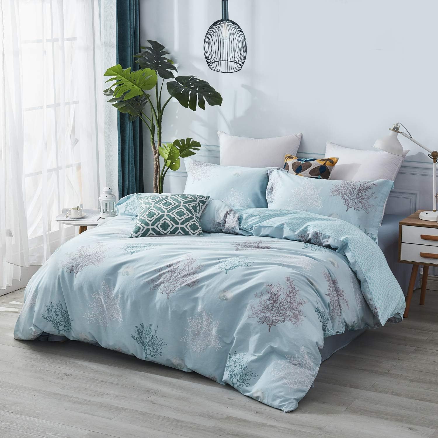 Brandream Coastal Beach Bedding Set Queen Size 100% Cotton Duvet Cover Set Tropical Coral Seashells Bedroom Set 3-Piece (No Comforter)